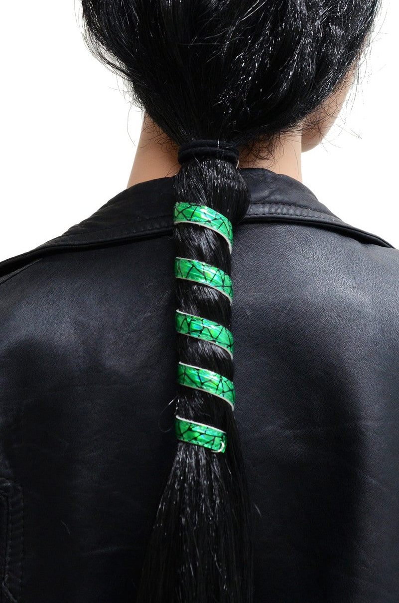 Model wearing 12 inch holographic green faux leather ponytail wrap, spiral design, back view in ponytail
