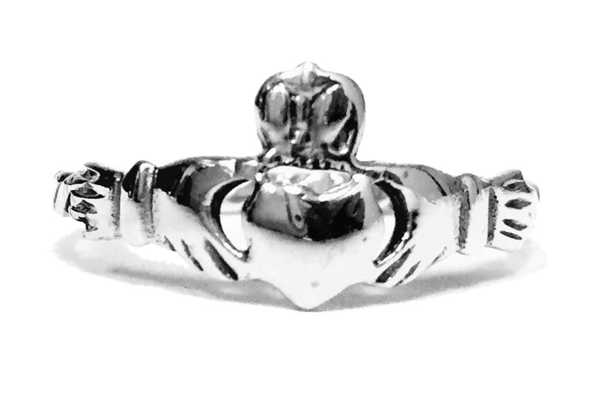 Sterling silver claddagh thin band ring, front view
