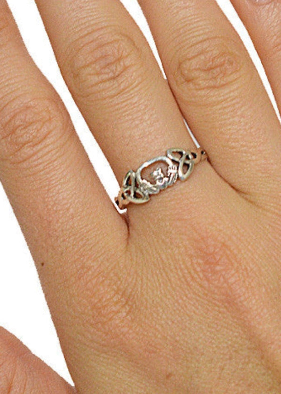 Sterling silver Claddagh crown ring, front view