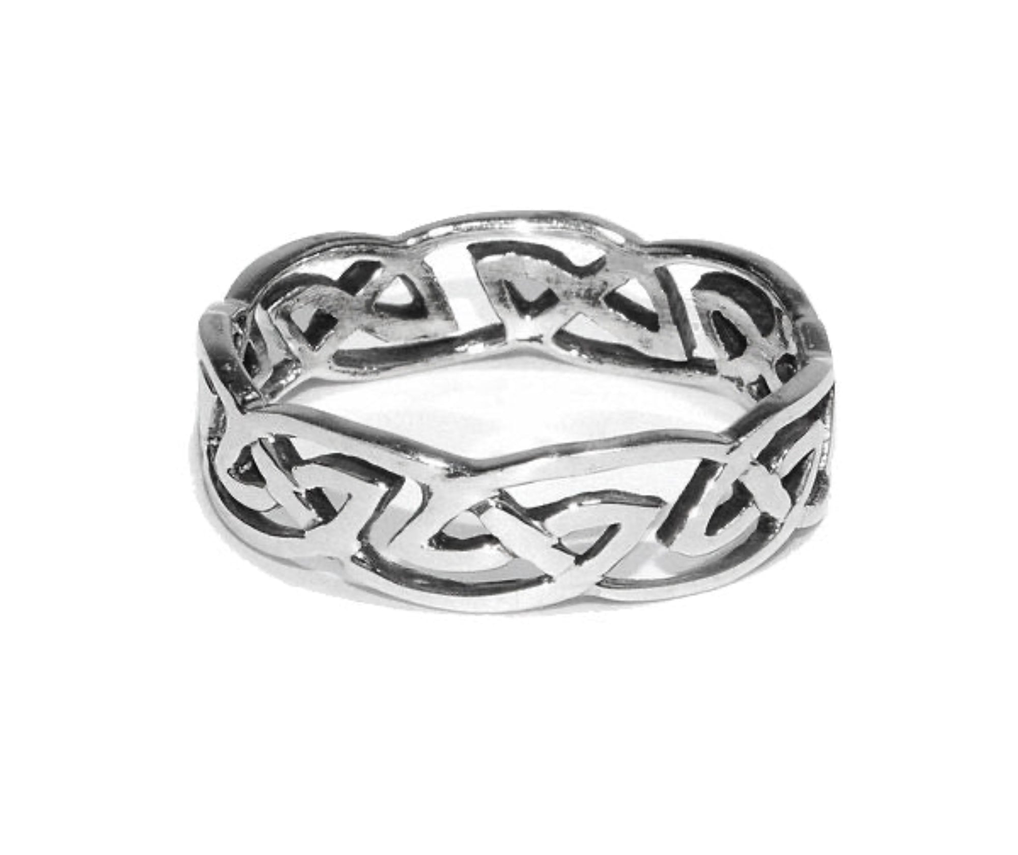 Celtic barbed wire ring in sterling silver with interwoven knot design, front view