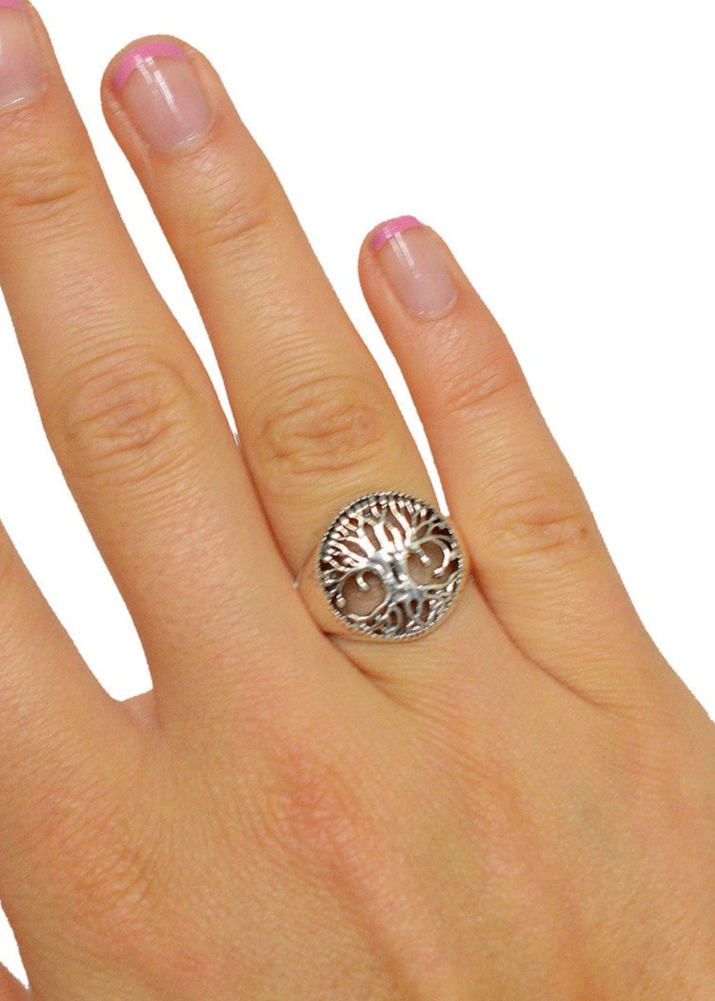 Model wearing Enchanted Tree of Life Ring – Sterling Silver Spiritual Jewelry
