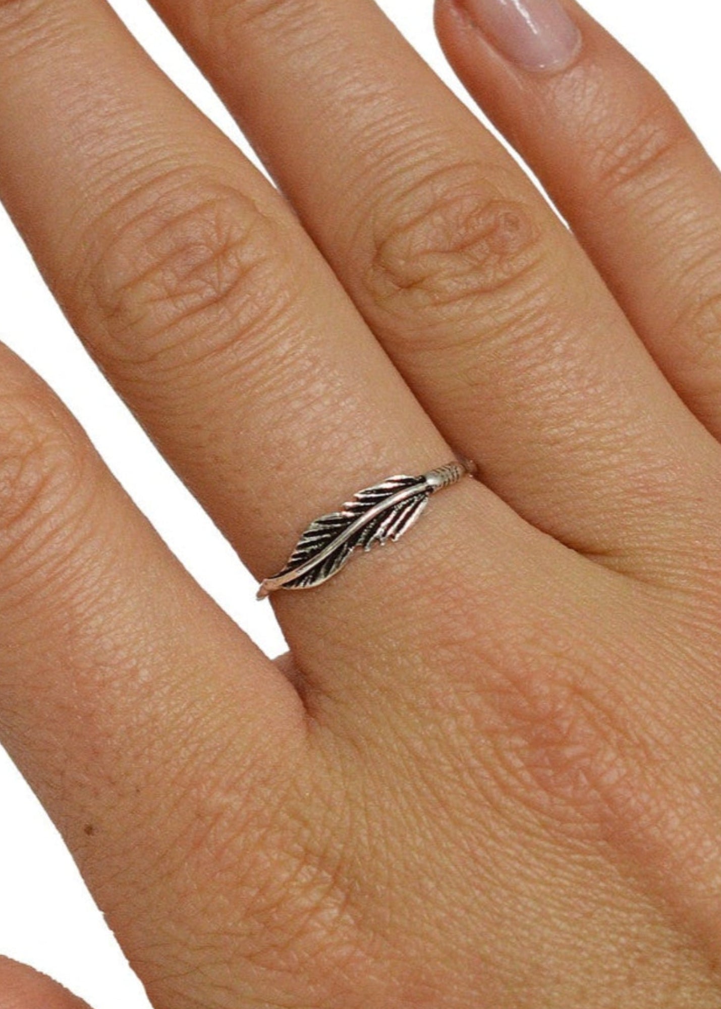 Model wearing Feather Ring – Sterling Silver Delicate Boho Nature Jewelry