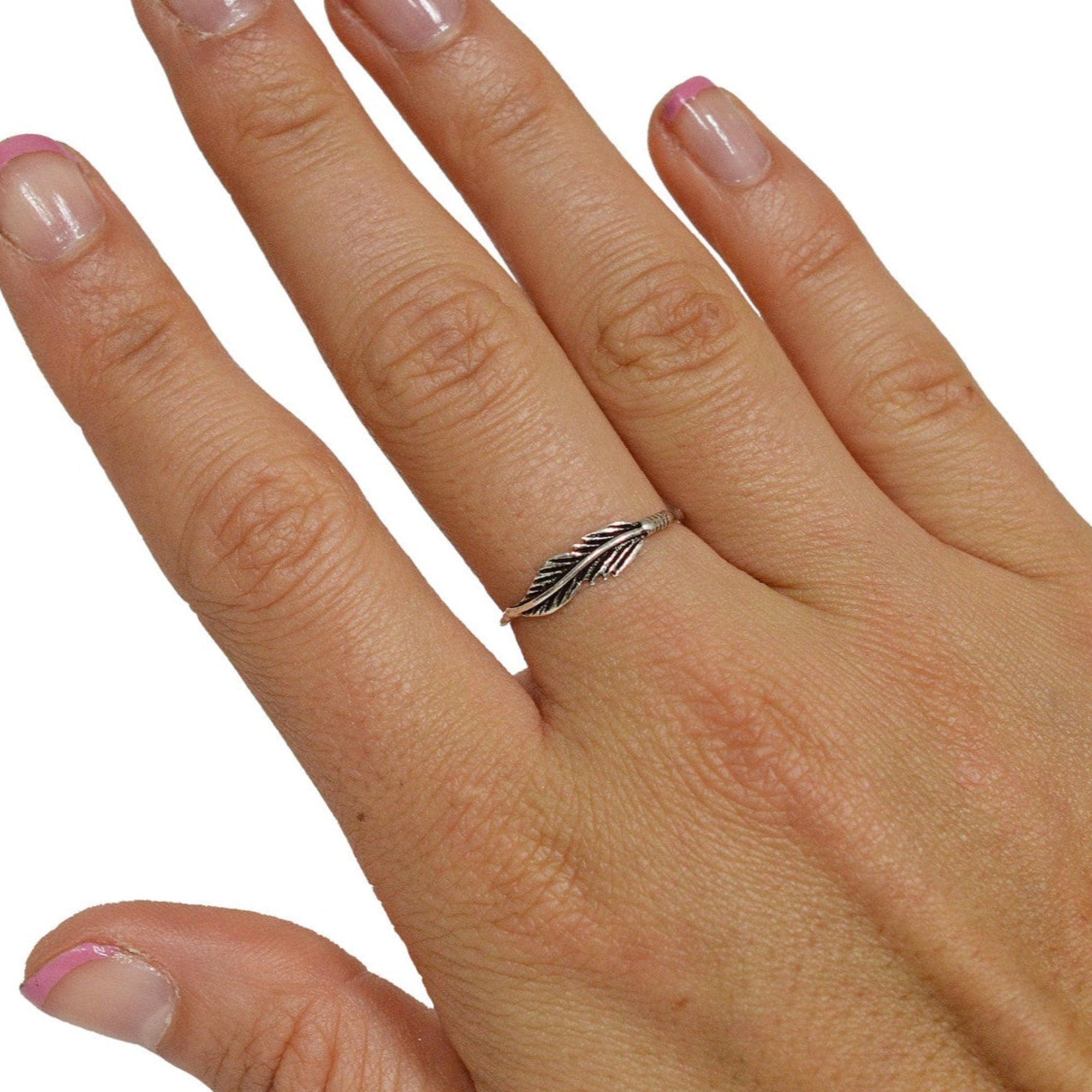 Model wearing Feather Ring – Sterling Silver Delicate Boho Nature Jewelry