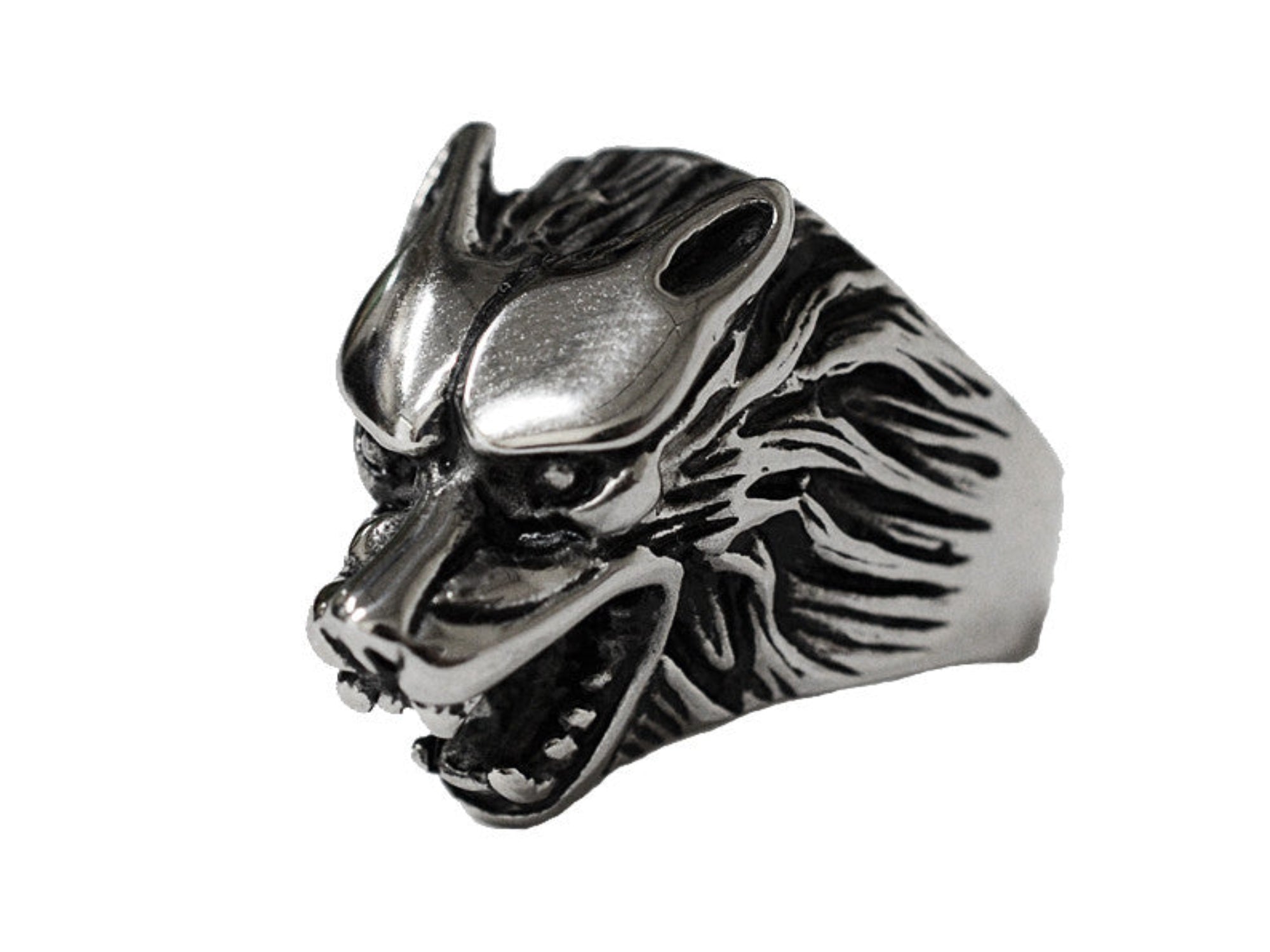 stainless steel gmork wolf ring fierce wolf jewelry front view