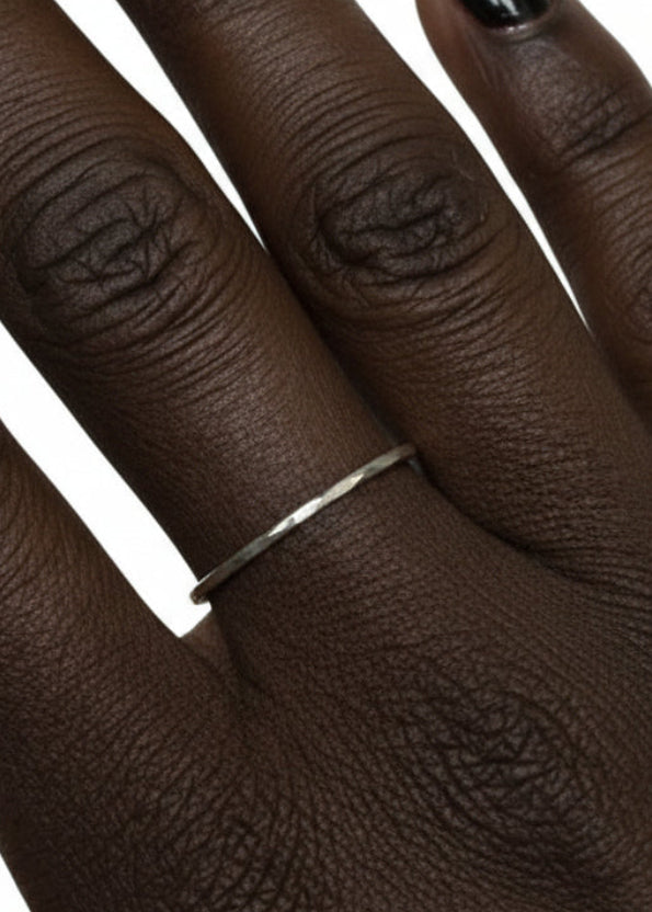 Model wearing Hammered Thin Band Ring – Sterling Silver Minimalist Jewelry
