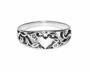 Sterling silver heart and flower band ring