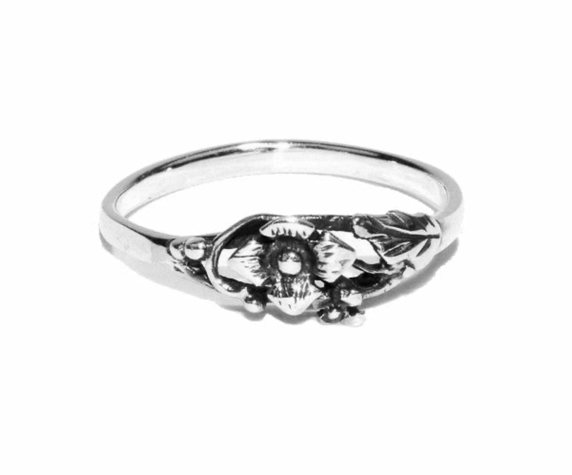 Sterling silver rose floral ring, front view