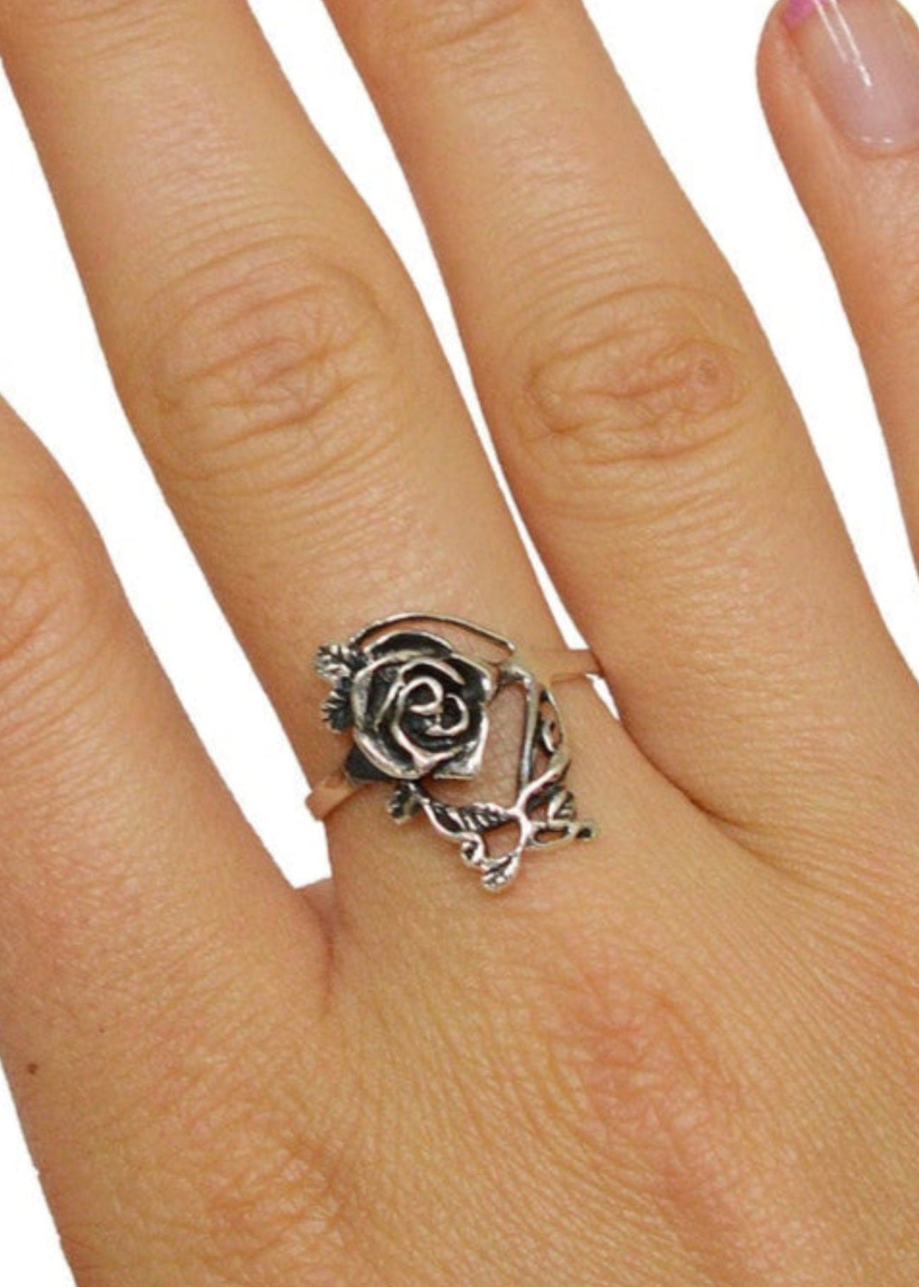 Model wearing Single Rose Ring – Sterling Silver Romantic Floral Jewelry