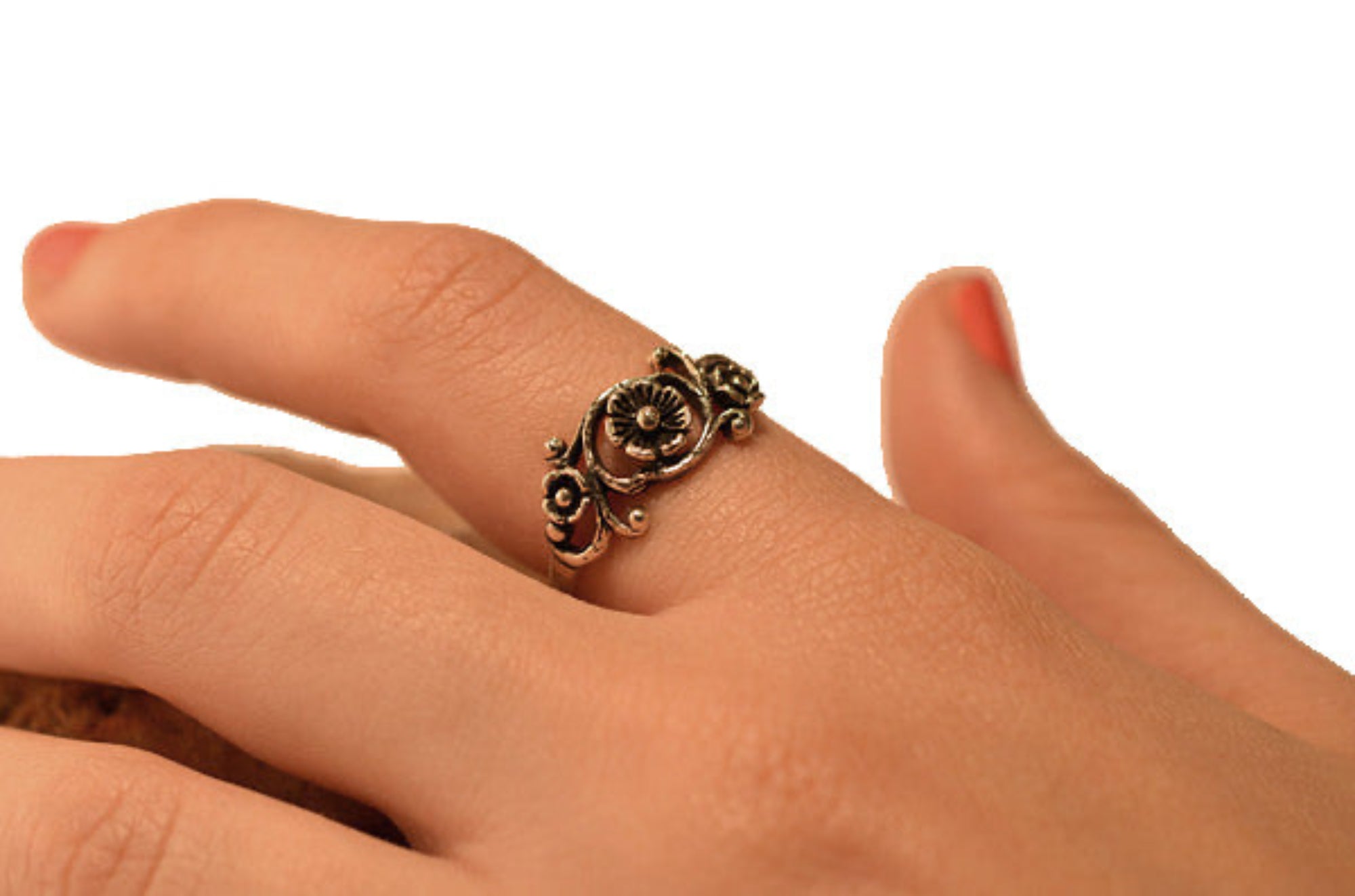 Model wearing sterling silver wild flower floral ring