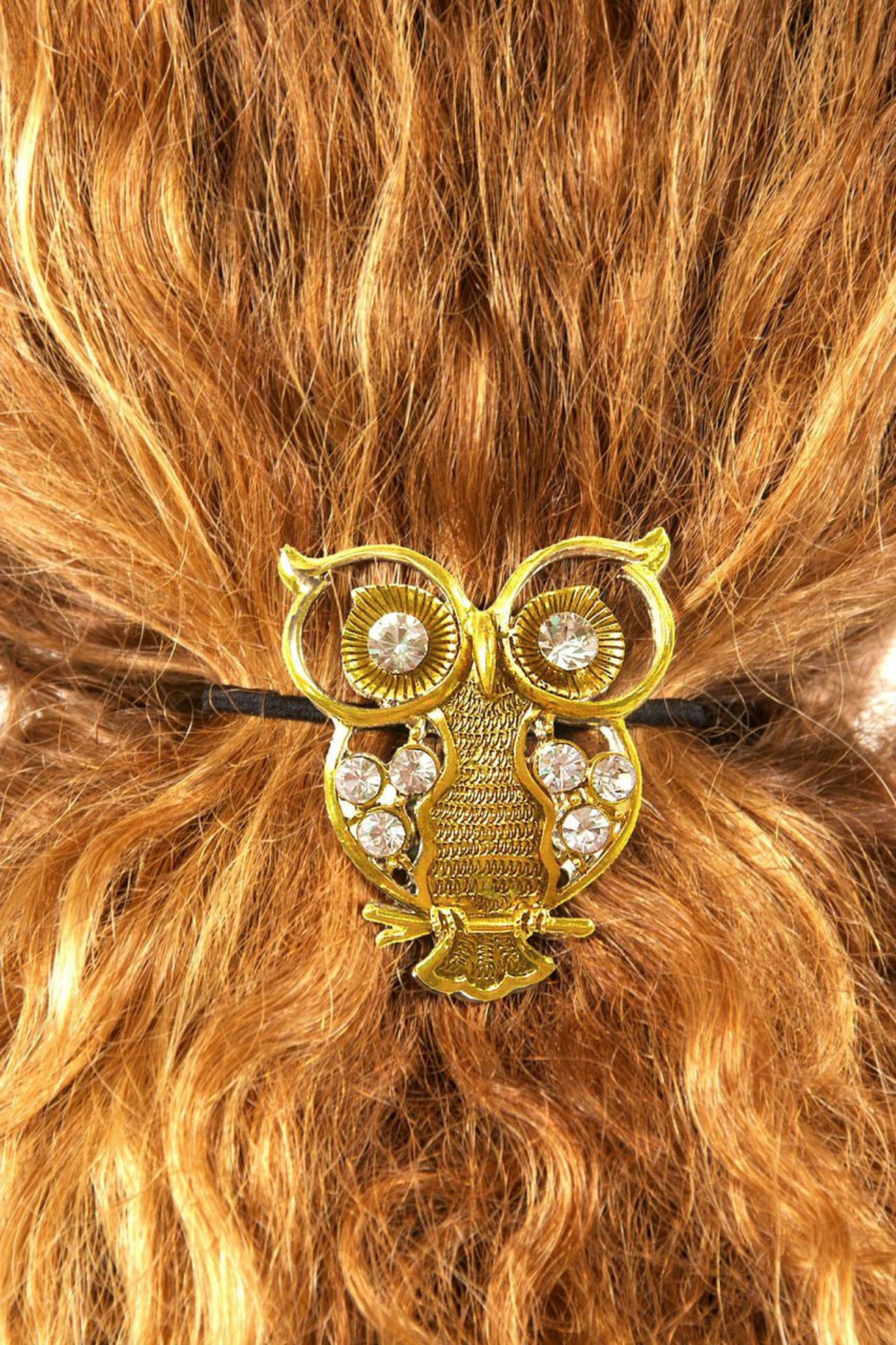 Gold owl ponytail hair hook with rhinestone accents securing ponytail, back view