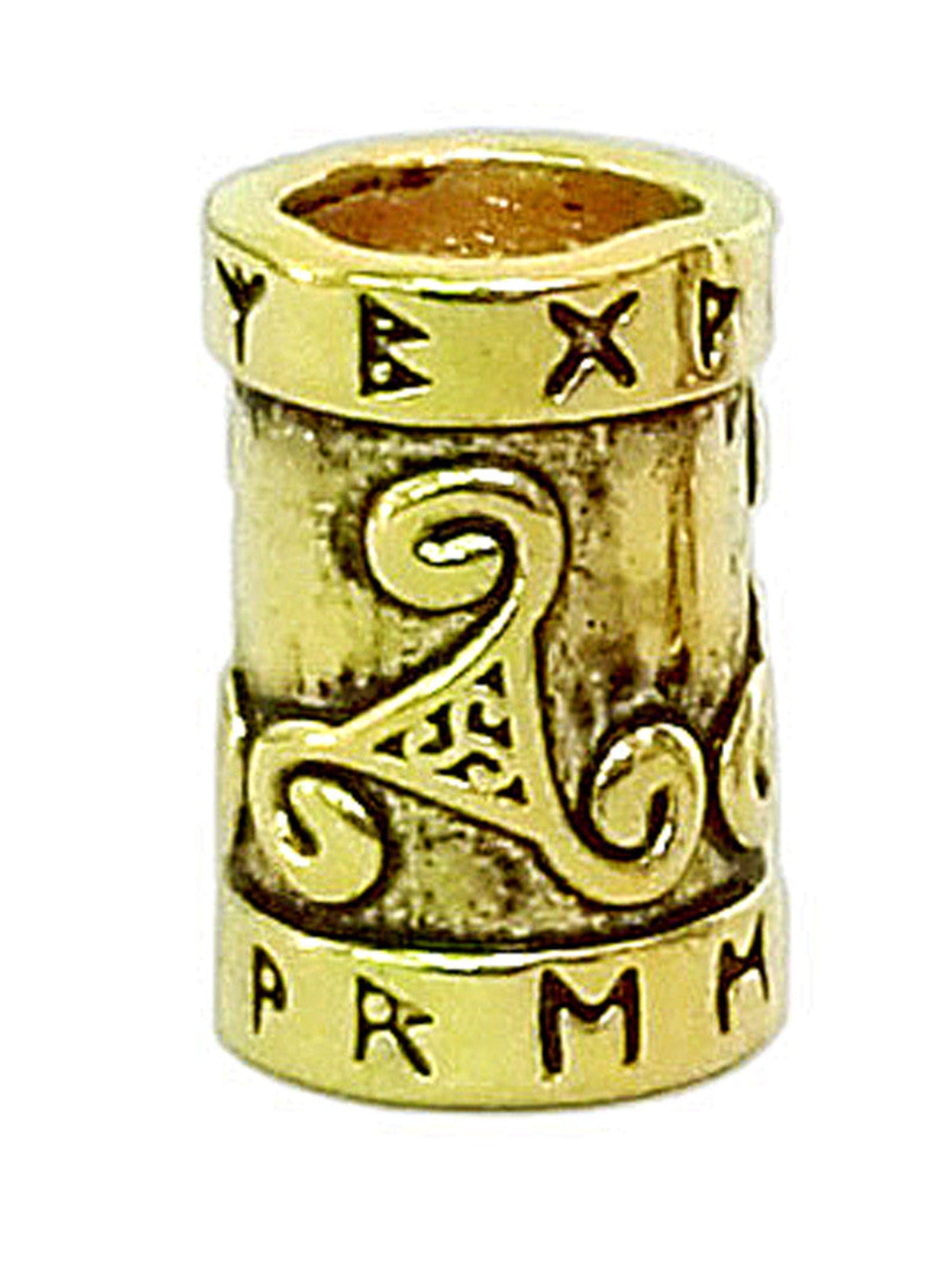 Gold rune spiral hair bead with engraved Norse symbols