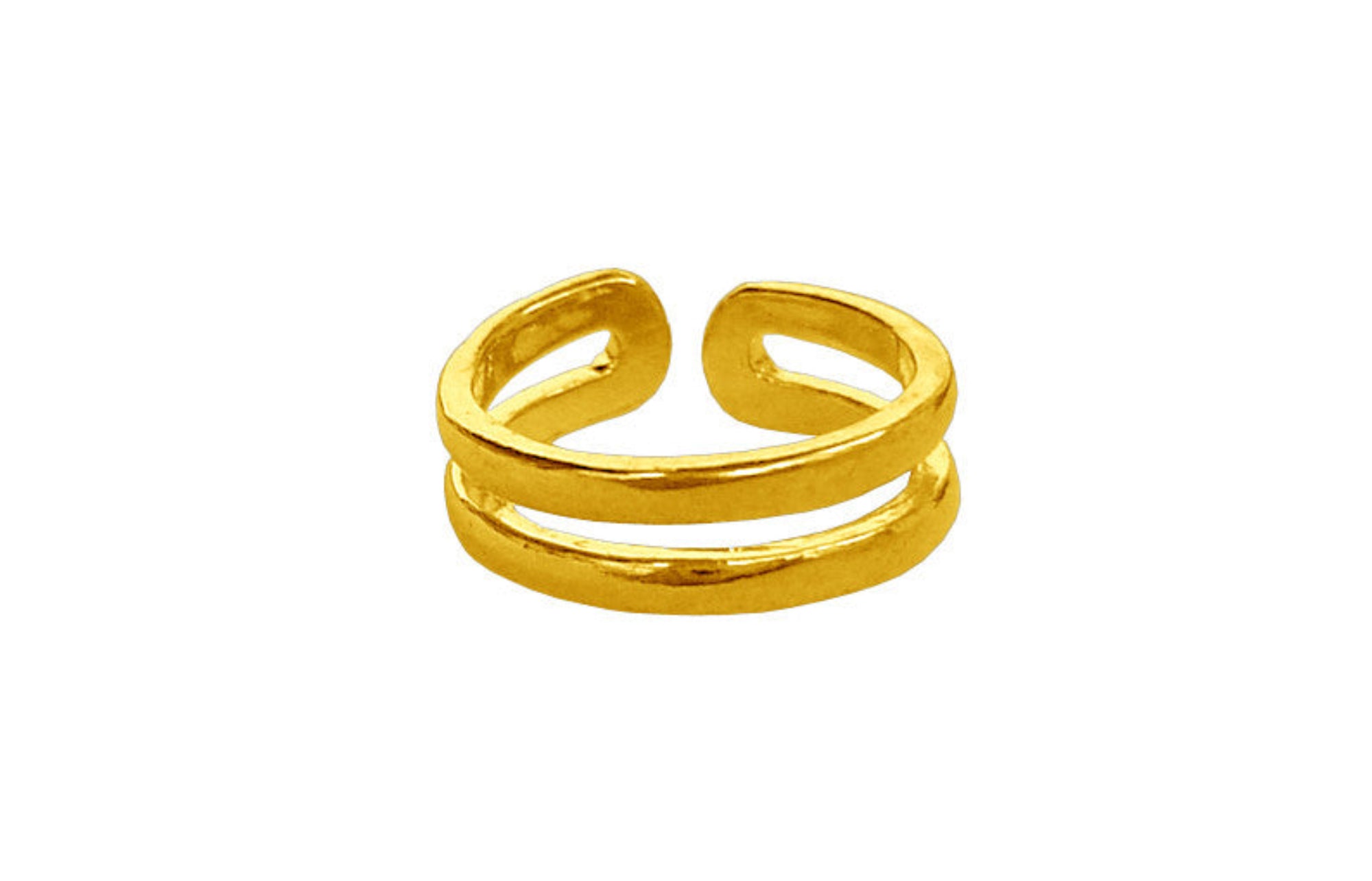 Gold double band adjustable toe ring on white background
