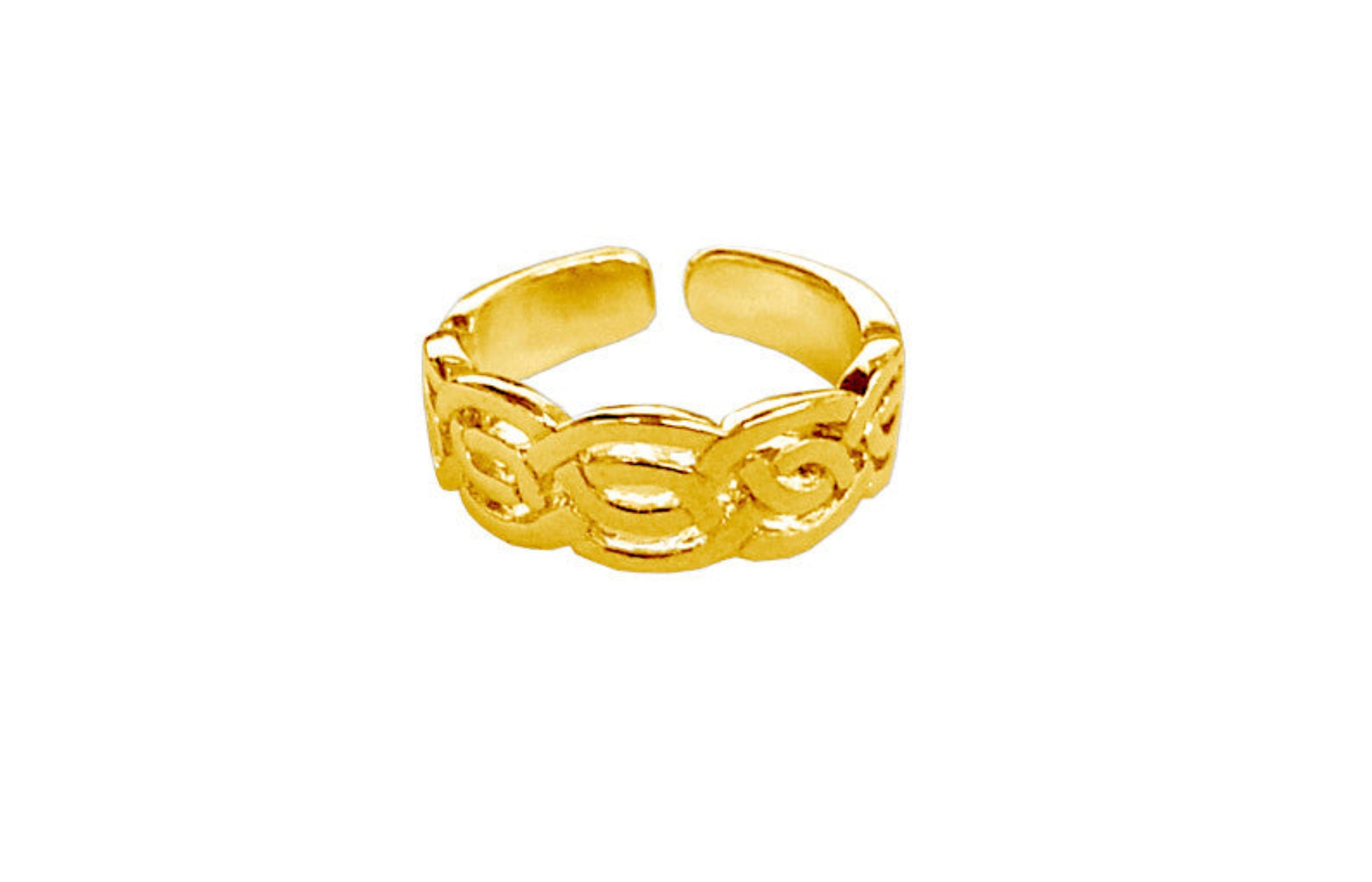 Gold Celtic woven adjustable toe ring with open band on white background