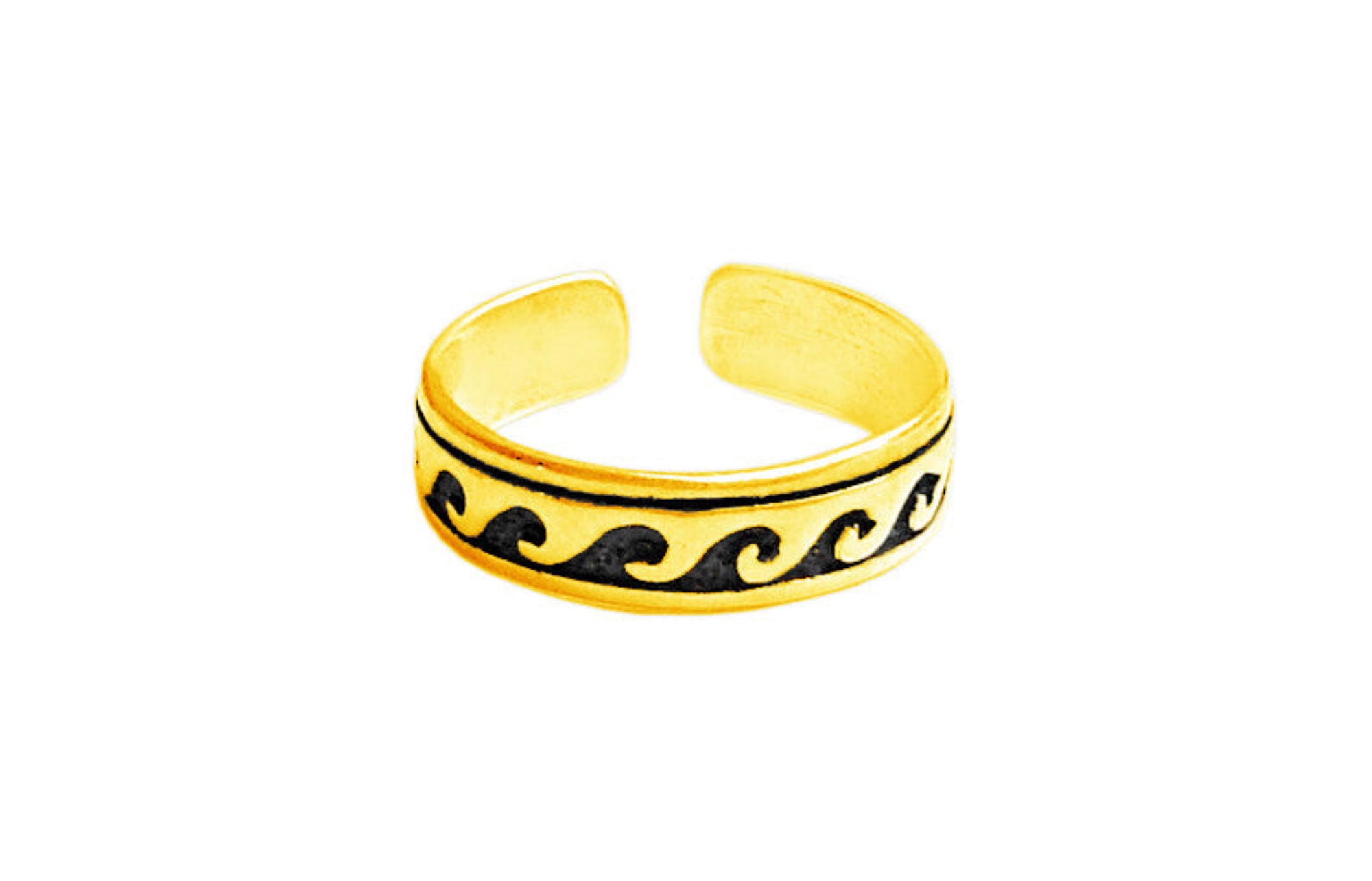 Gold wave toe ring, adjustable open band boho beach jewelry, front view on white background