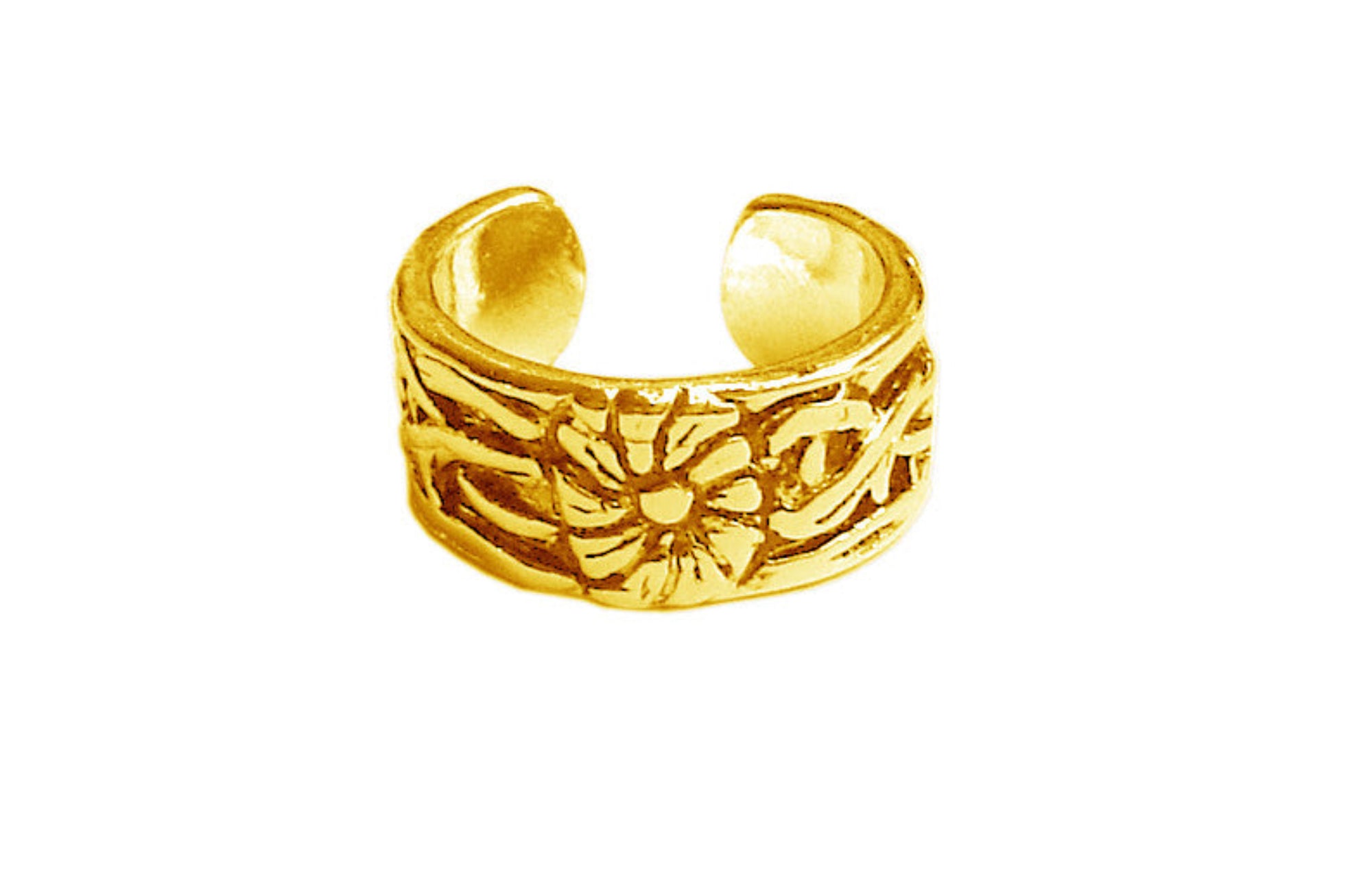 Gold antique flower adjustable toe ring on white background