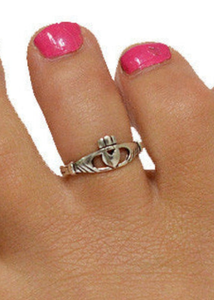 Model wearing Claddagh Thin Band Toe Ring - Sterling Silver Adjustable Jewelry