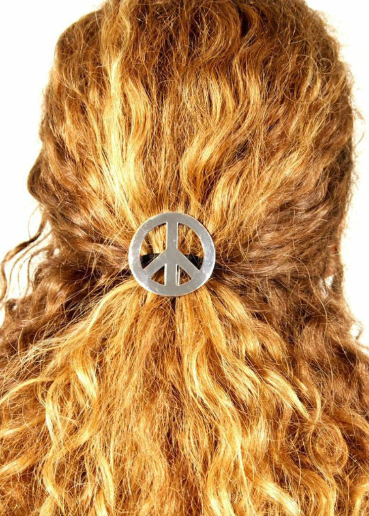 Model wearing Peace Sign Hair Hook - Silver Ponytail Holder Boho Festival Accessory