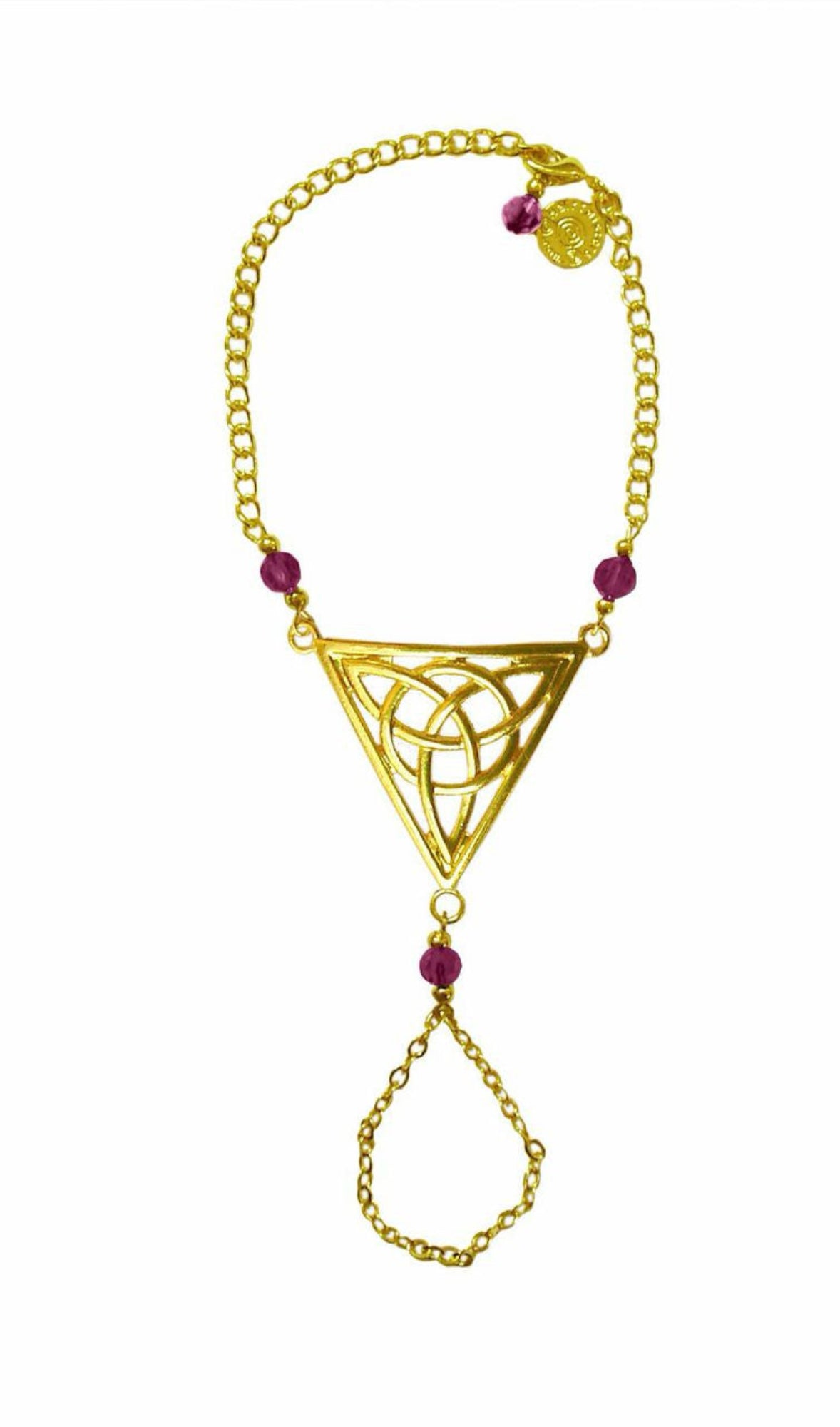 Gold Celtic triquetra triangle hand chain finger bracelet with magenta bead accents