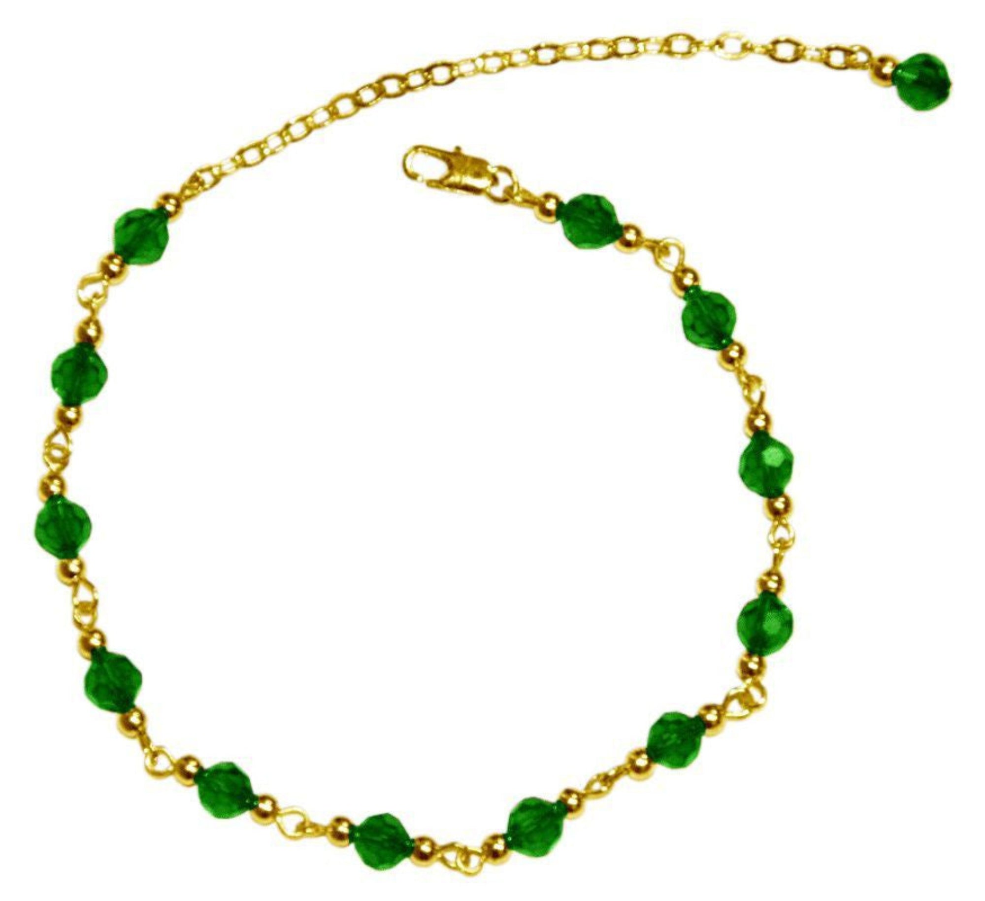 gold anklet with green beads adjustable chain front view