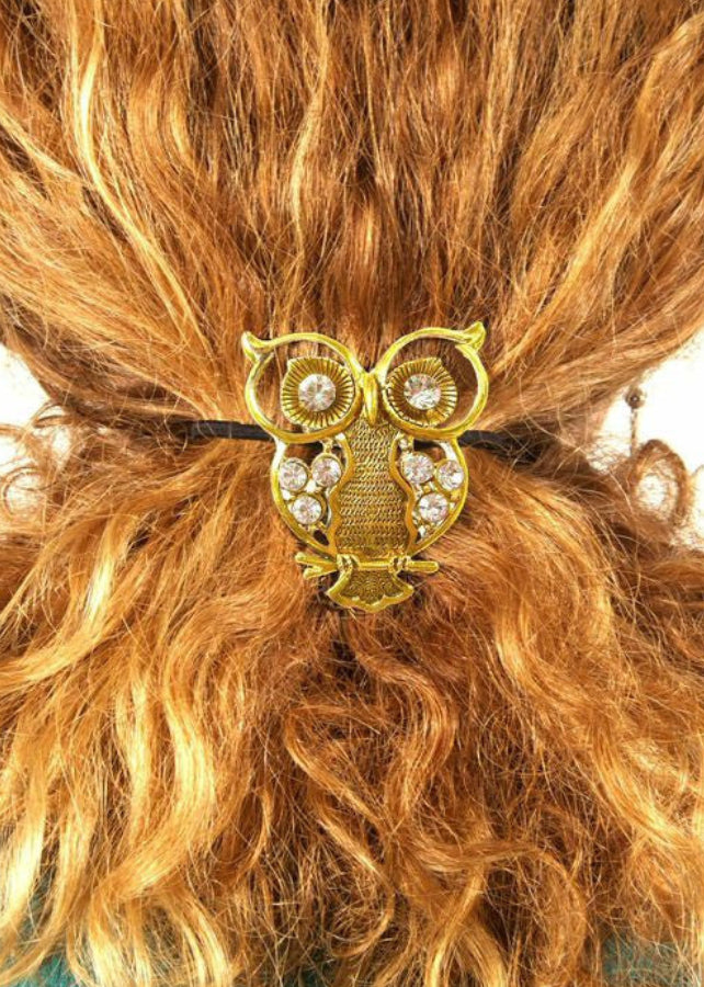 Model wearing Gold Owl Hair Hook with Diamond Accents - Elegant Boho Accessory