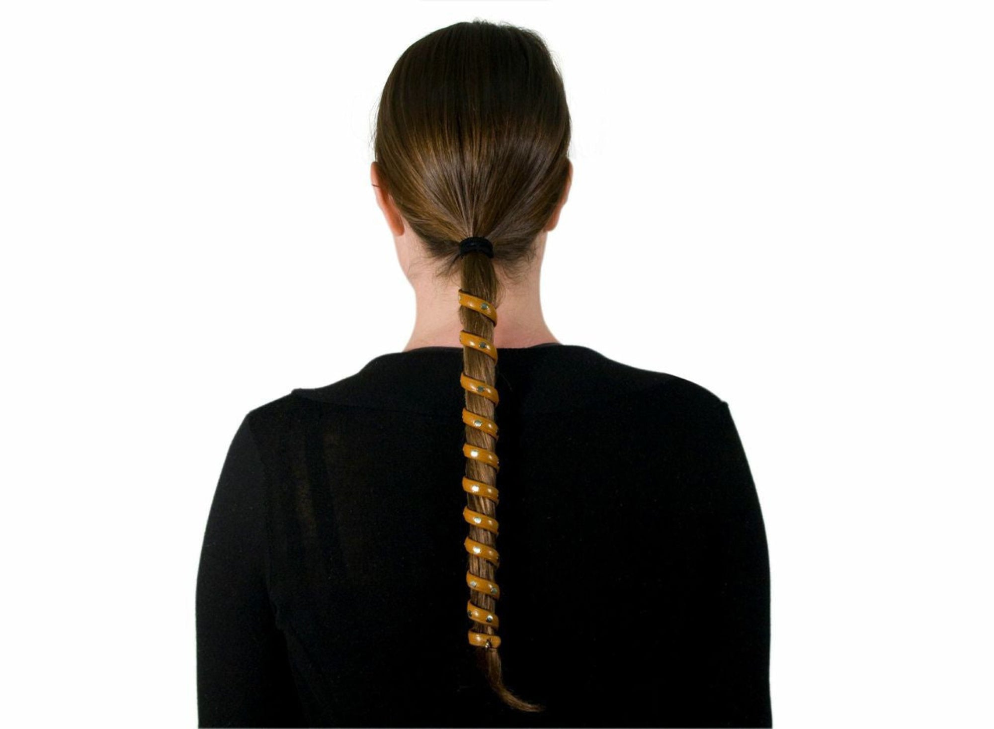 Model wearing brown leather rivet spiral ponytail wrap hair accessory, 12-inch, back view