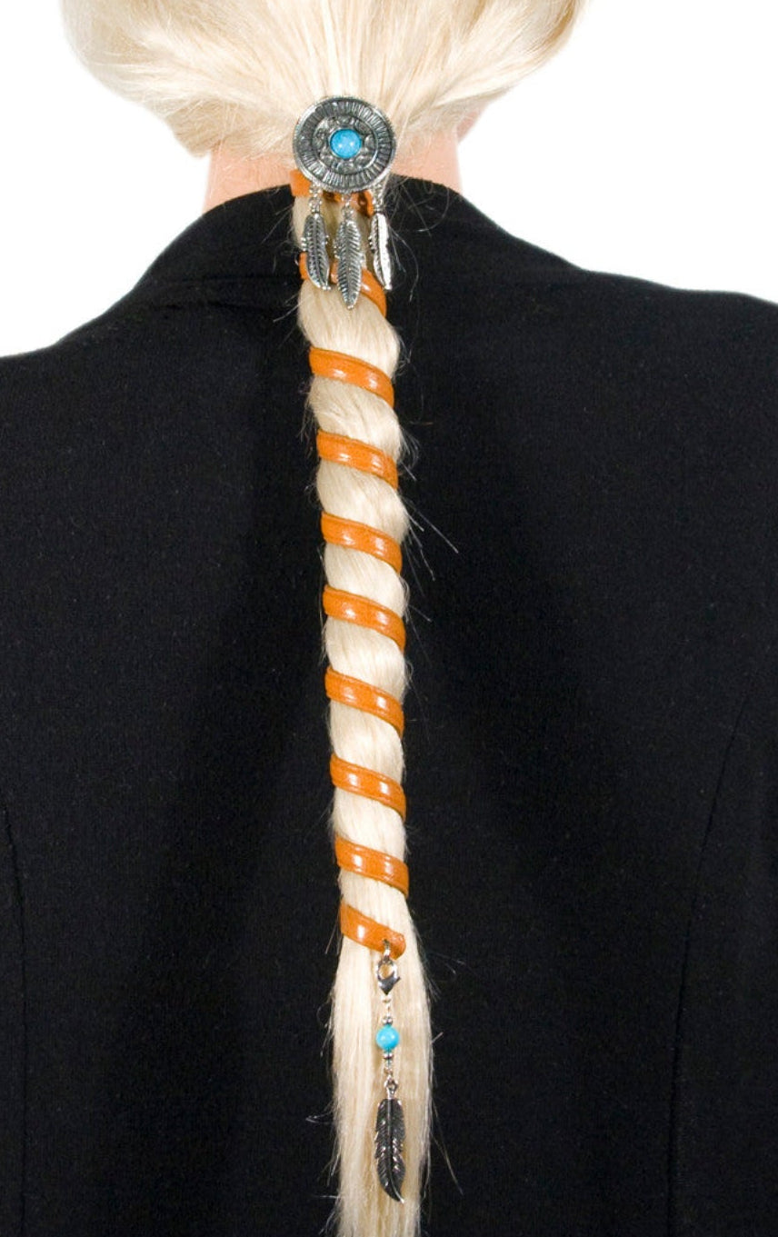 brown ponytail wrap with dreamcatcher hair accessory set turquoise detail front view