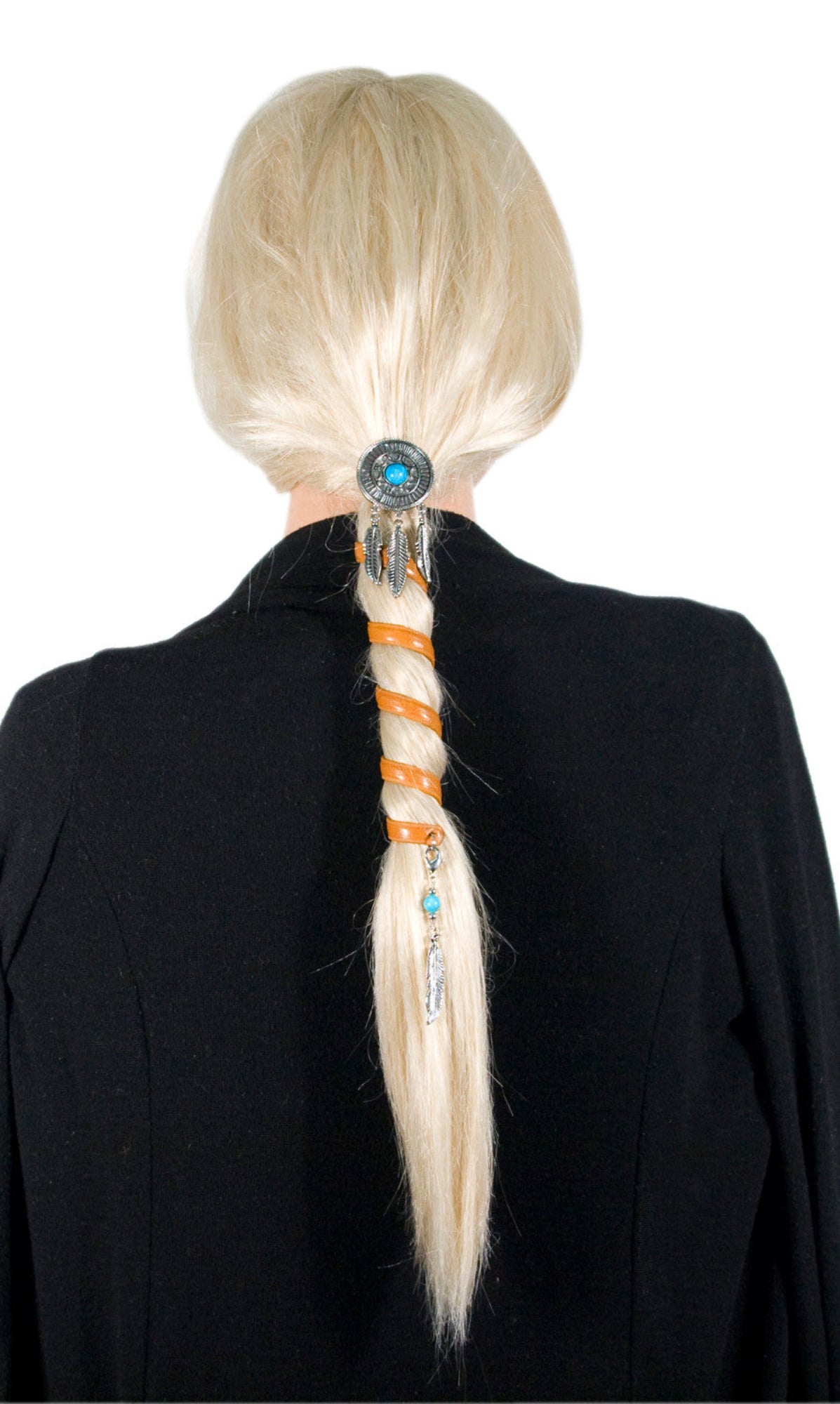 dream catcher ponytail wrap brown hair accessory worn in braid turquoise detail back view