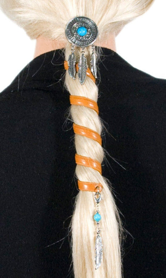 dream catcher ponytail wrap brown hair accessory worn in braid turquoise detail back view