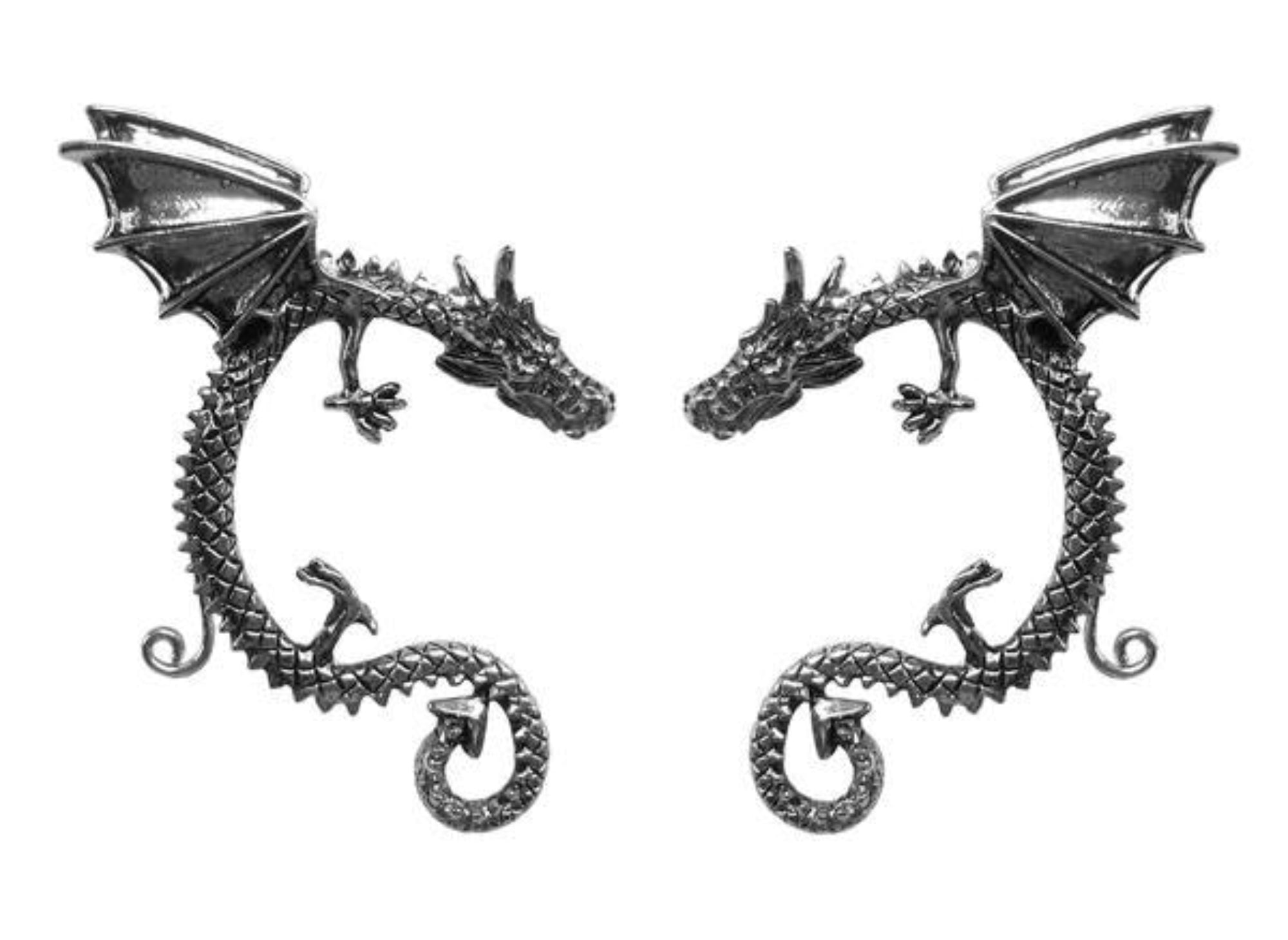 Silver dragon wing elf ear cuffs, front view