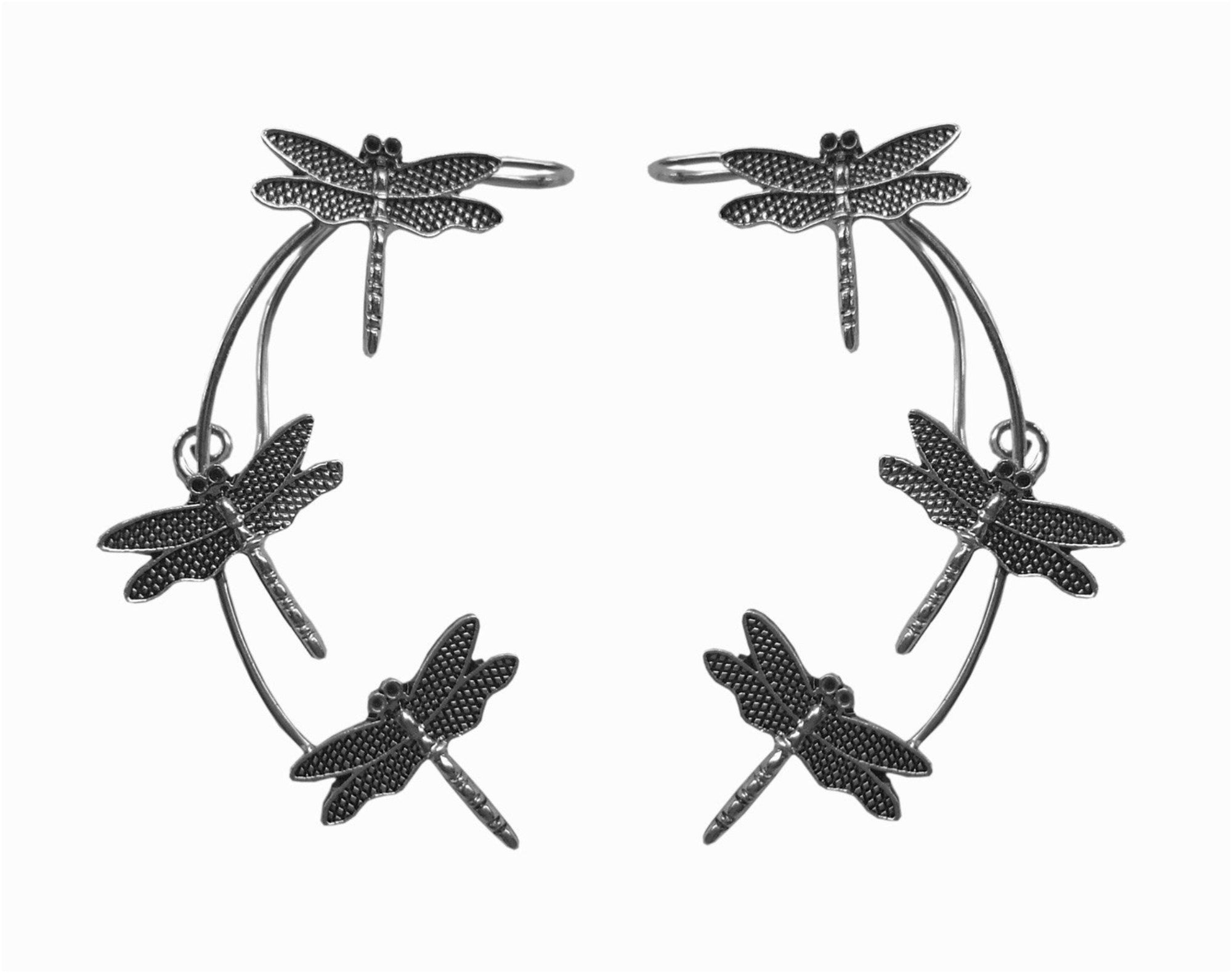 silver dragonfly ear cuff wrap earrings non piercing ear jewelry front view pair
