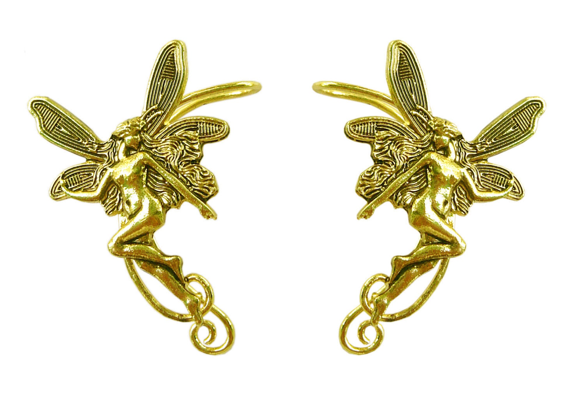 gold fairy elf ear cuff earrings non piercing winged figure ear jewelry front view