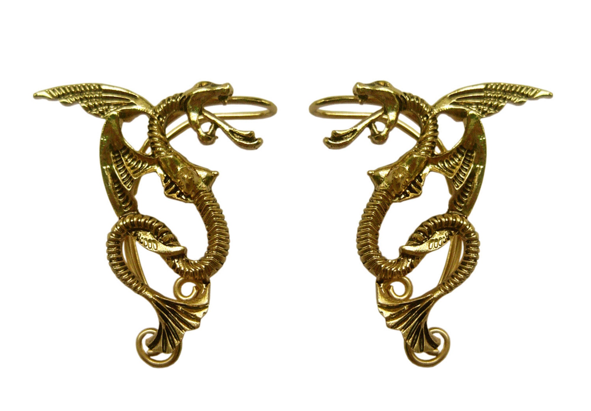 Gold dragon elf ear cuff earrings no piercing fantasy dragon ear wrap jewelry pair front view