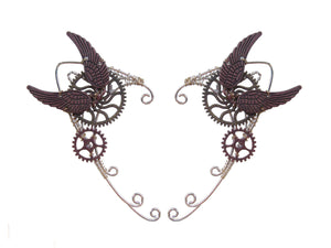 Steampunk Winged Elf Ear Cuffs - Lightweight No Piercing Jewelry front view