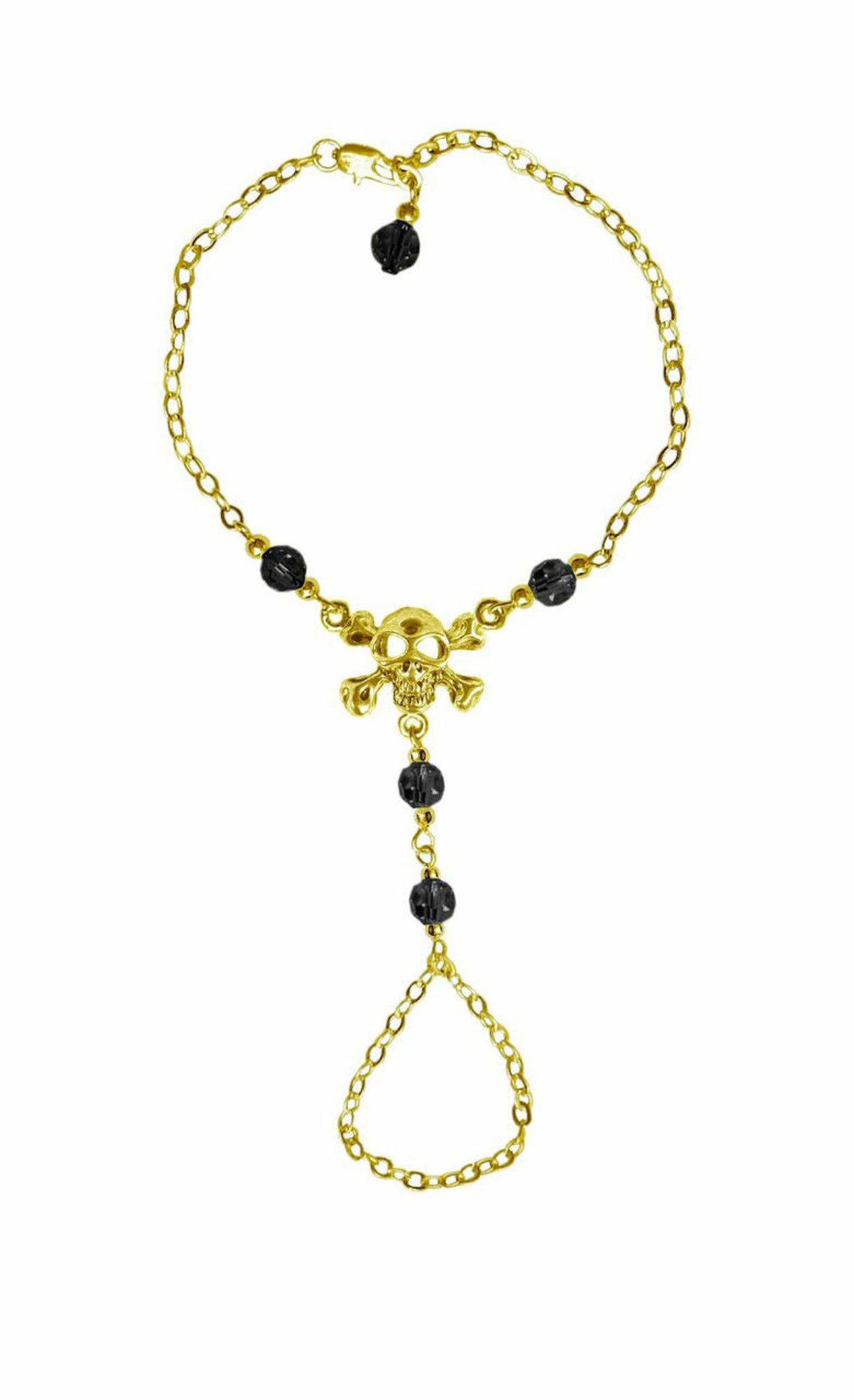Gold skull and crossbones hand chain finger bracelet with black bead accents