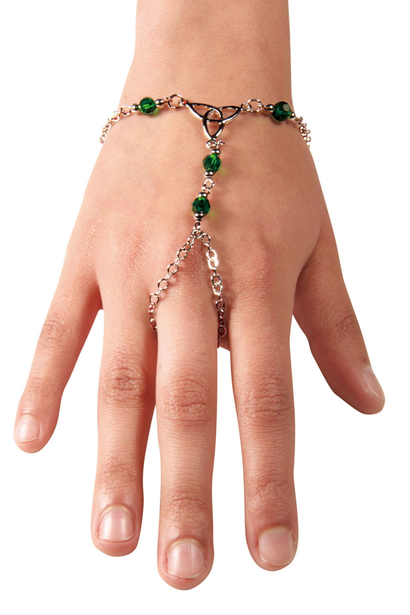 Gold Celtic eternity knot hand chain finger bracelet with green bead accents worn on hand