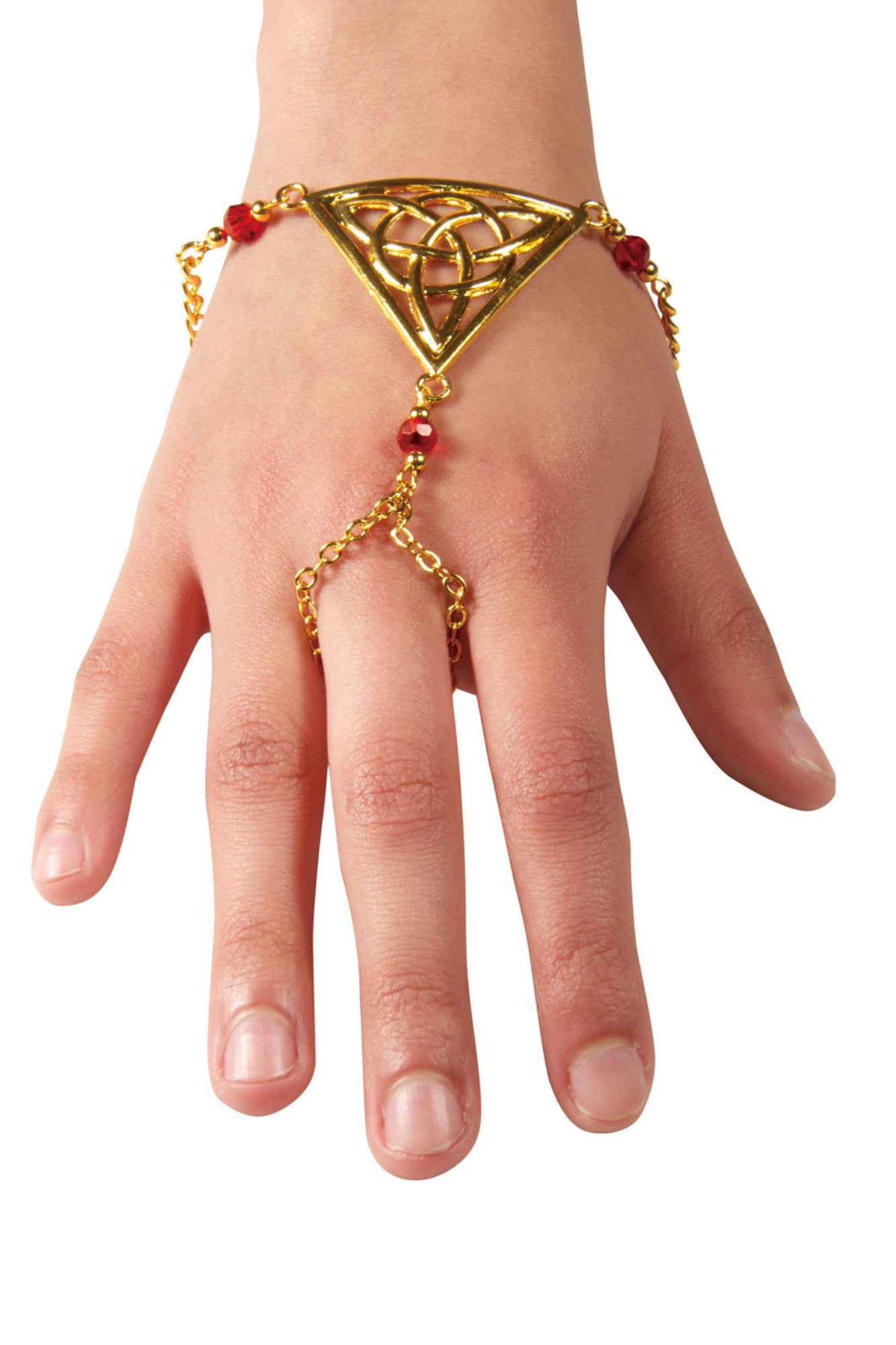 Gold Celtic triquetra triangle hand chain finger bracelet with red bead accents worn on hand