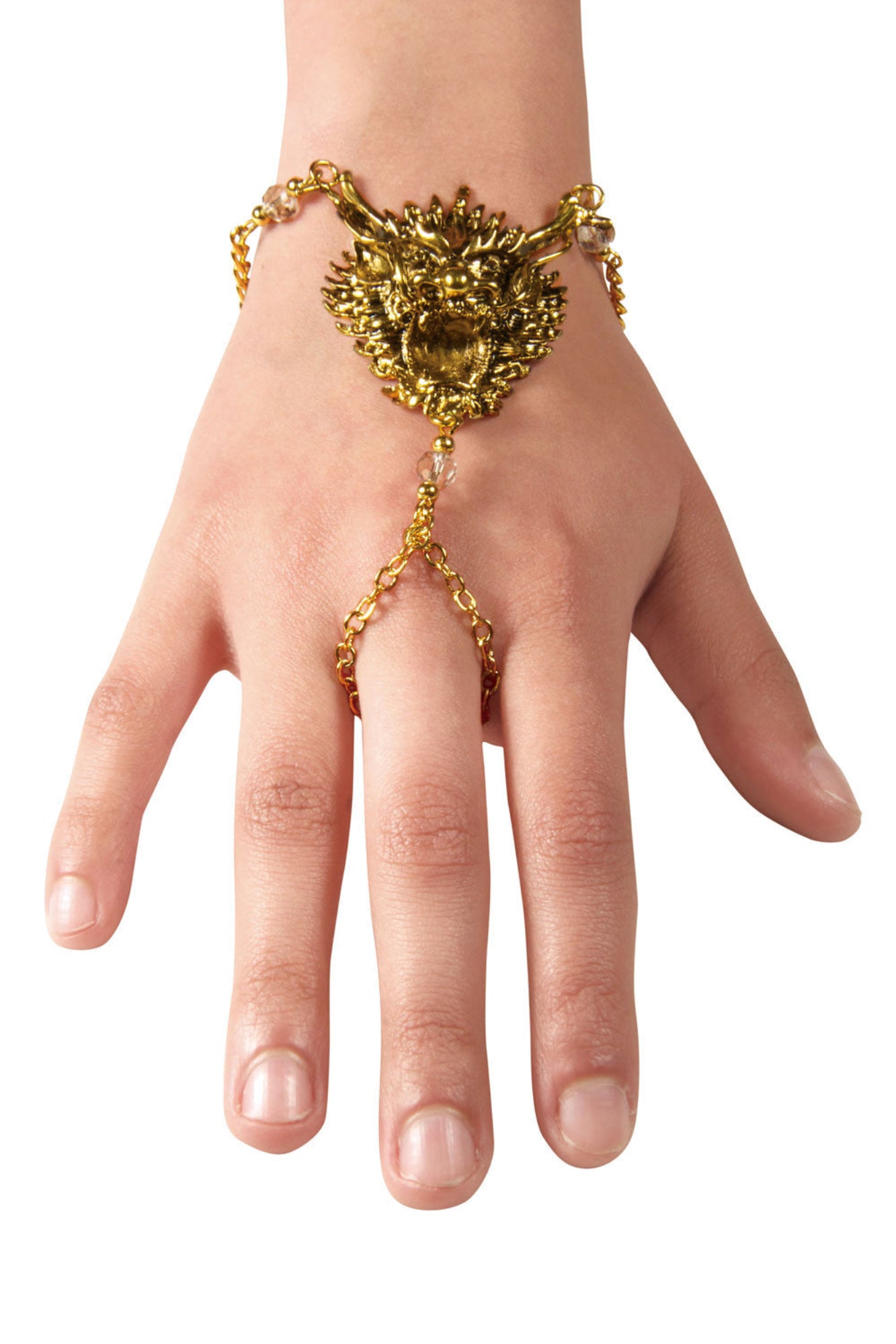 Gold dragon head hand chain finger bracelet worn on hand