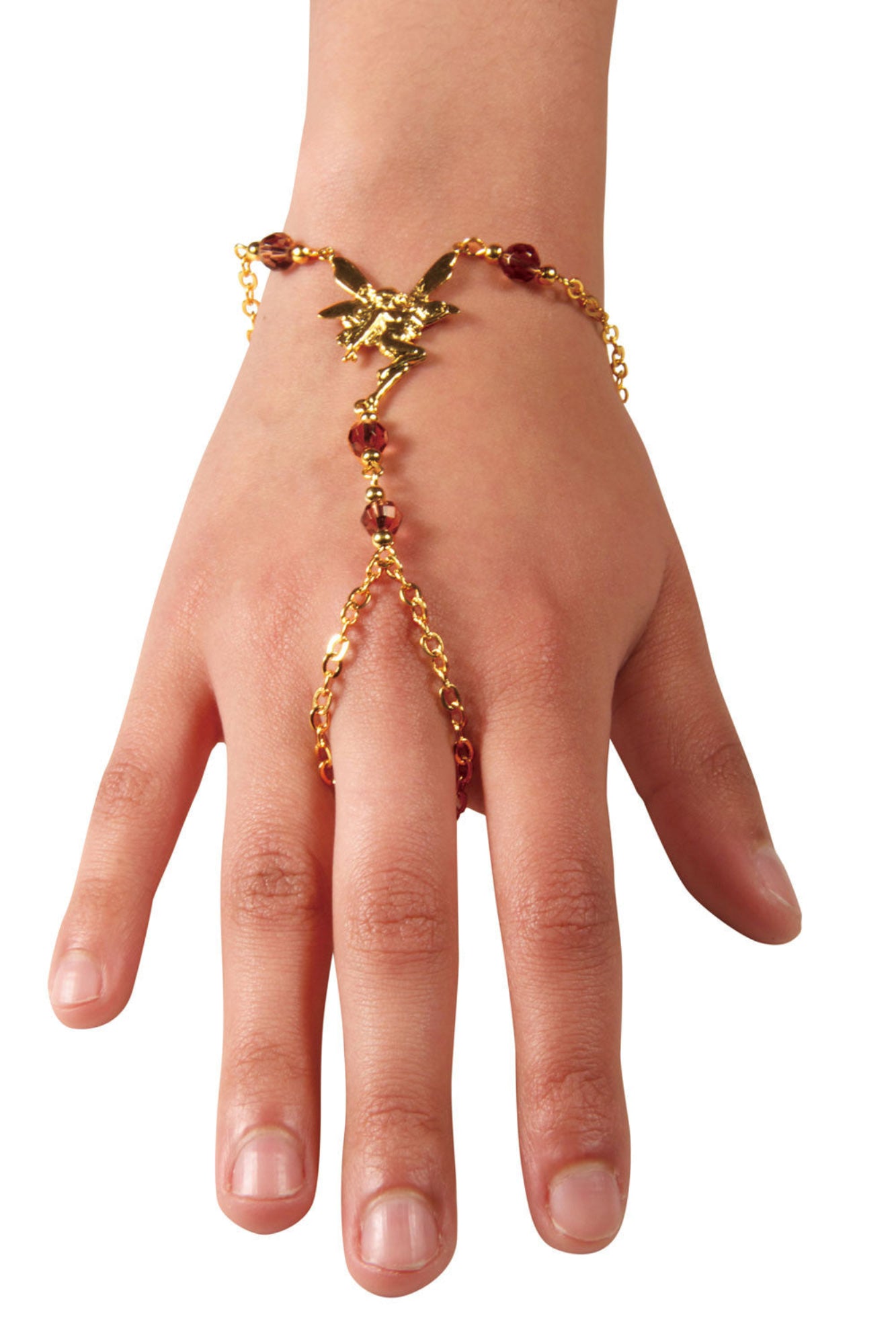 Gold fairy hand chain finger bracelet with red bead accents worn on hand