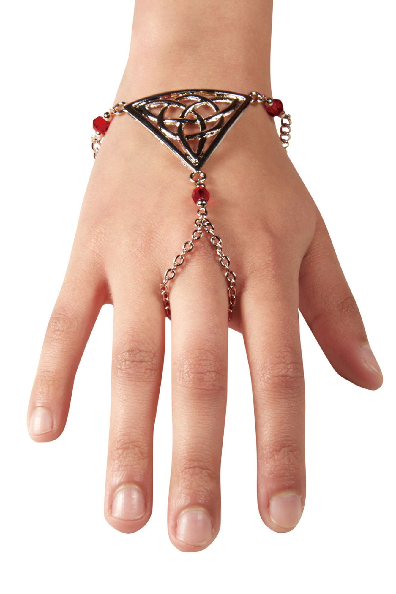 Silver Celtic triquetra triangle hand chain finger bracelet with red bead accents worn on hand