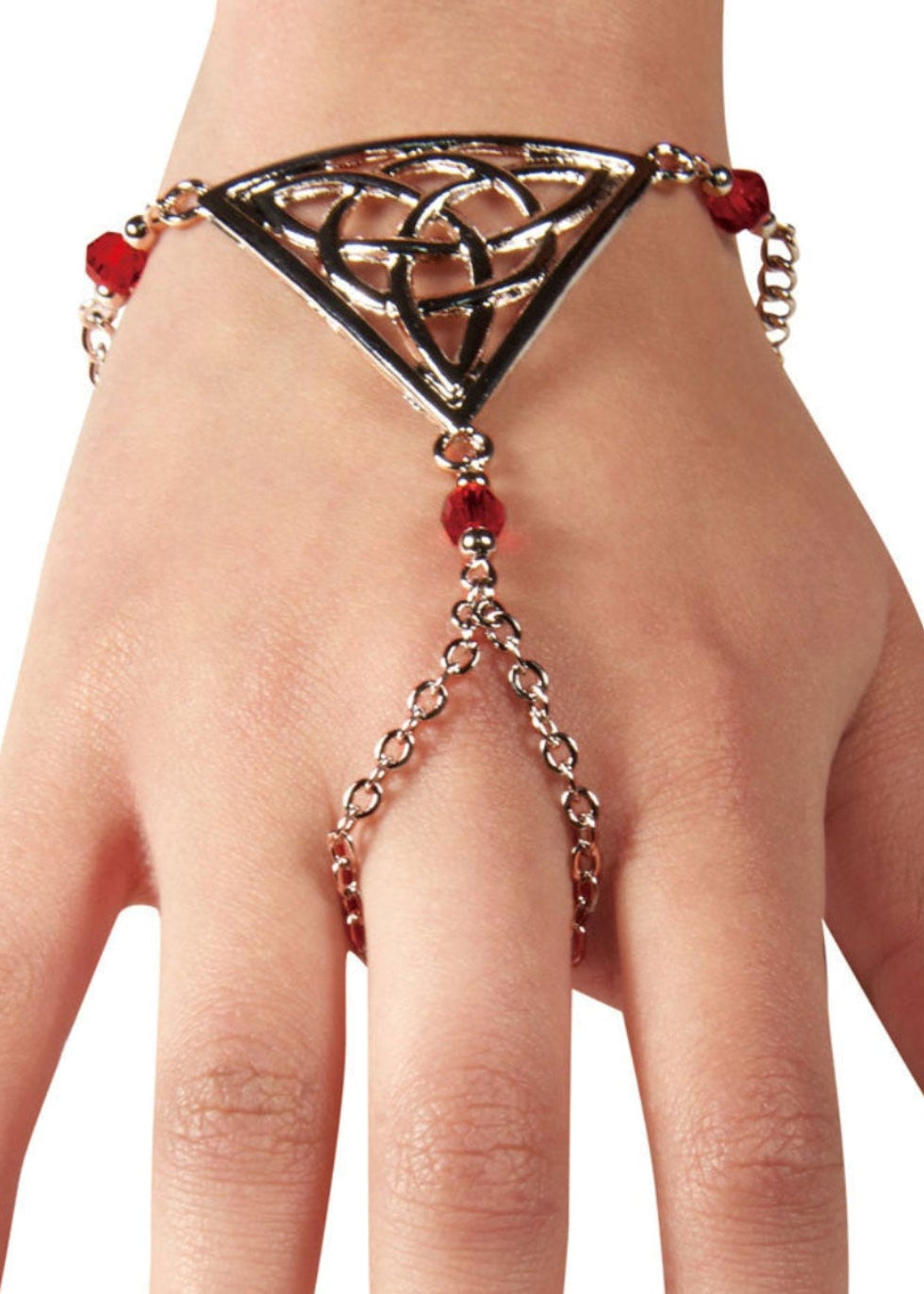 Silver Celtic triquetra triangle hand chain finger bracelet with red bead accents worn on hand