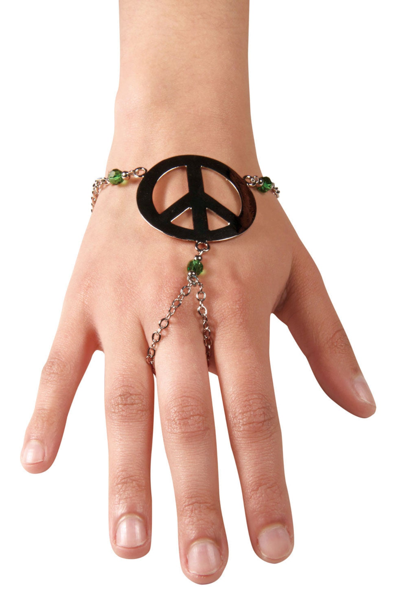 Peace symbol hand chain finger bracelet with green bead accents worn across hand and finger, front view