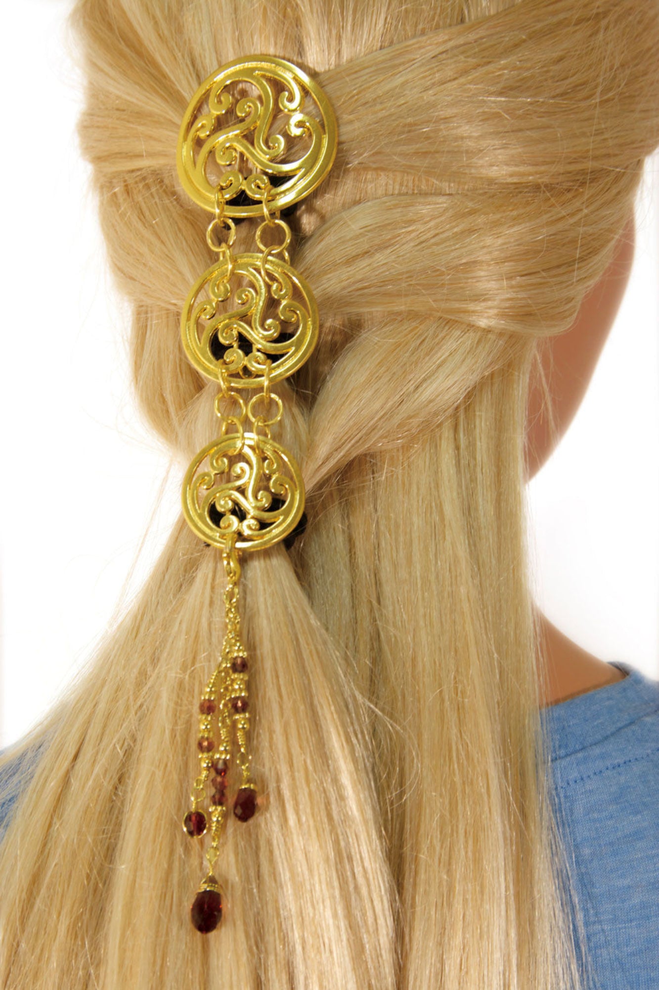 Gold Celtic round hair hook with three linked pendants, back view