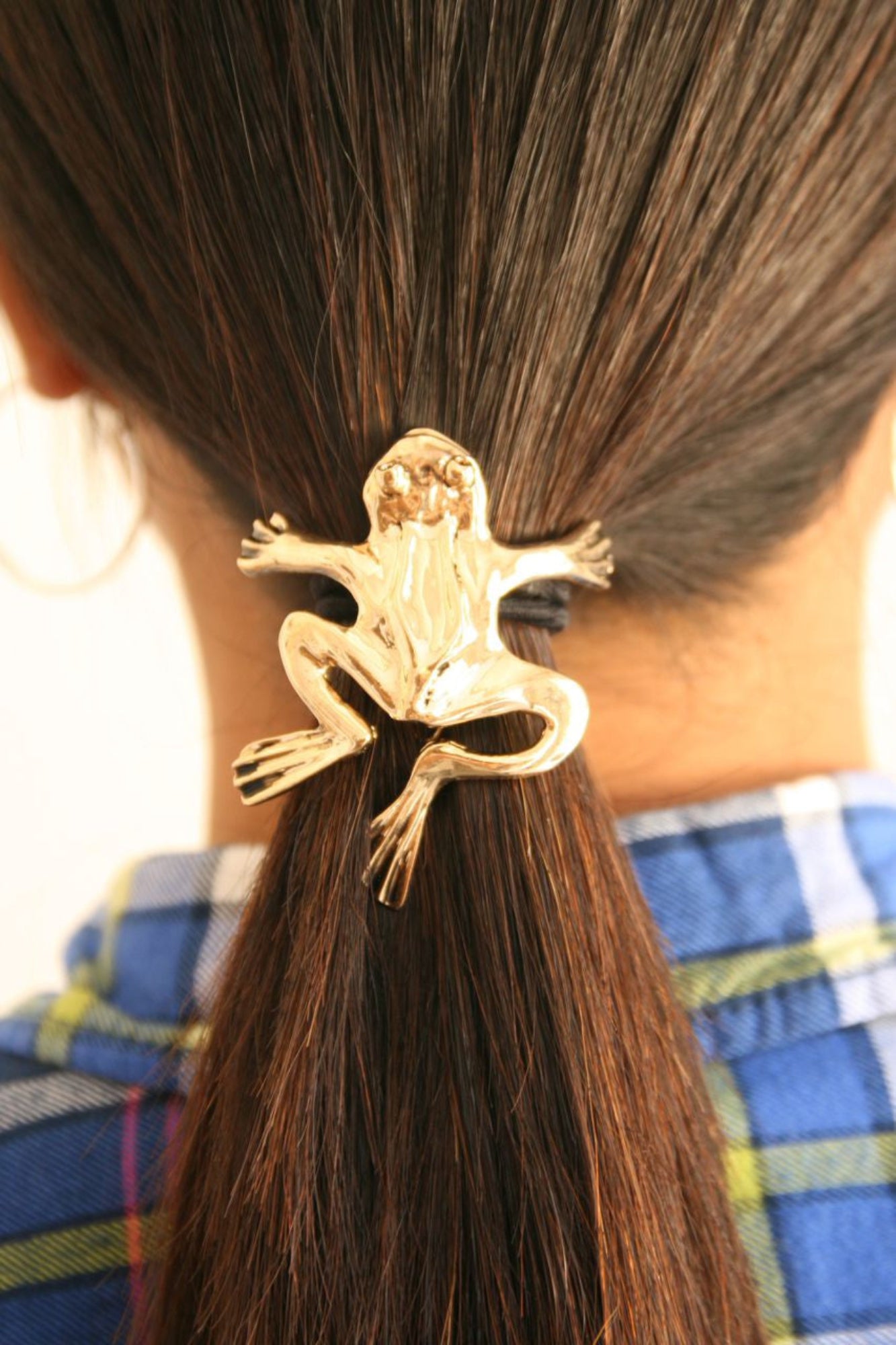 Gold frog ponytail hair hook securing ponytail, back view