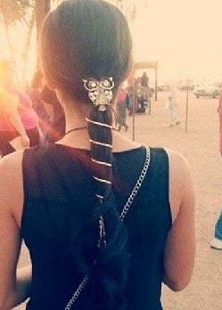 Model wearing Owl Hair Hook - Silver Diamond Accented Ponytail Holder Accessory