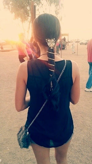 Model wearing Owl Hair Hook - Silver Diamond Accented Ponytail Holder Accessory