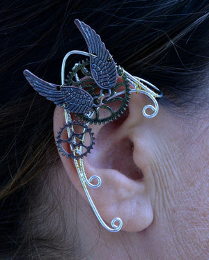 Model wearing Steampunk Winged Elf Ear Cuffs - Lightweight No Piercing Jewelry