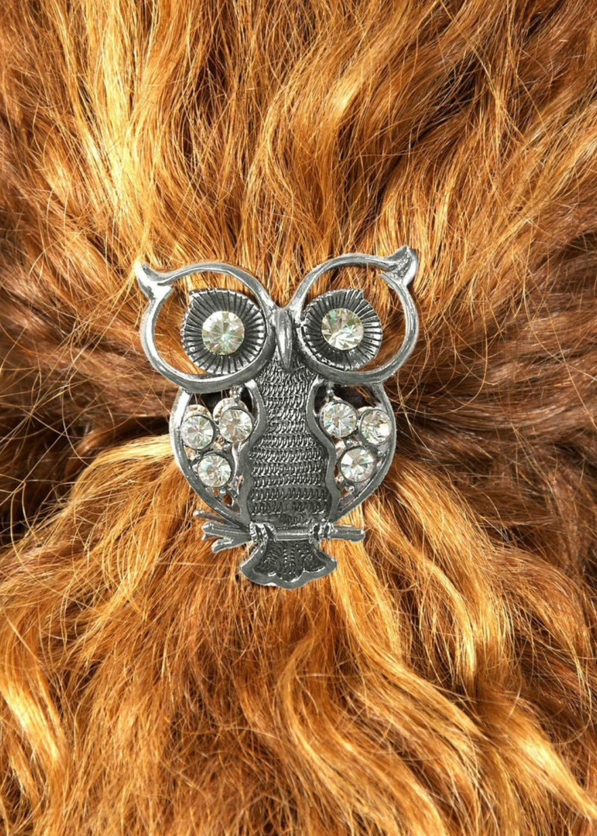 Silver owl ponytail hair hook with rhinestone accents securing ponytail, back view