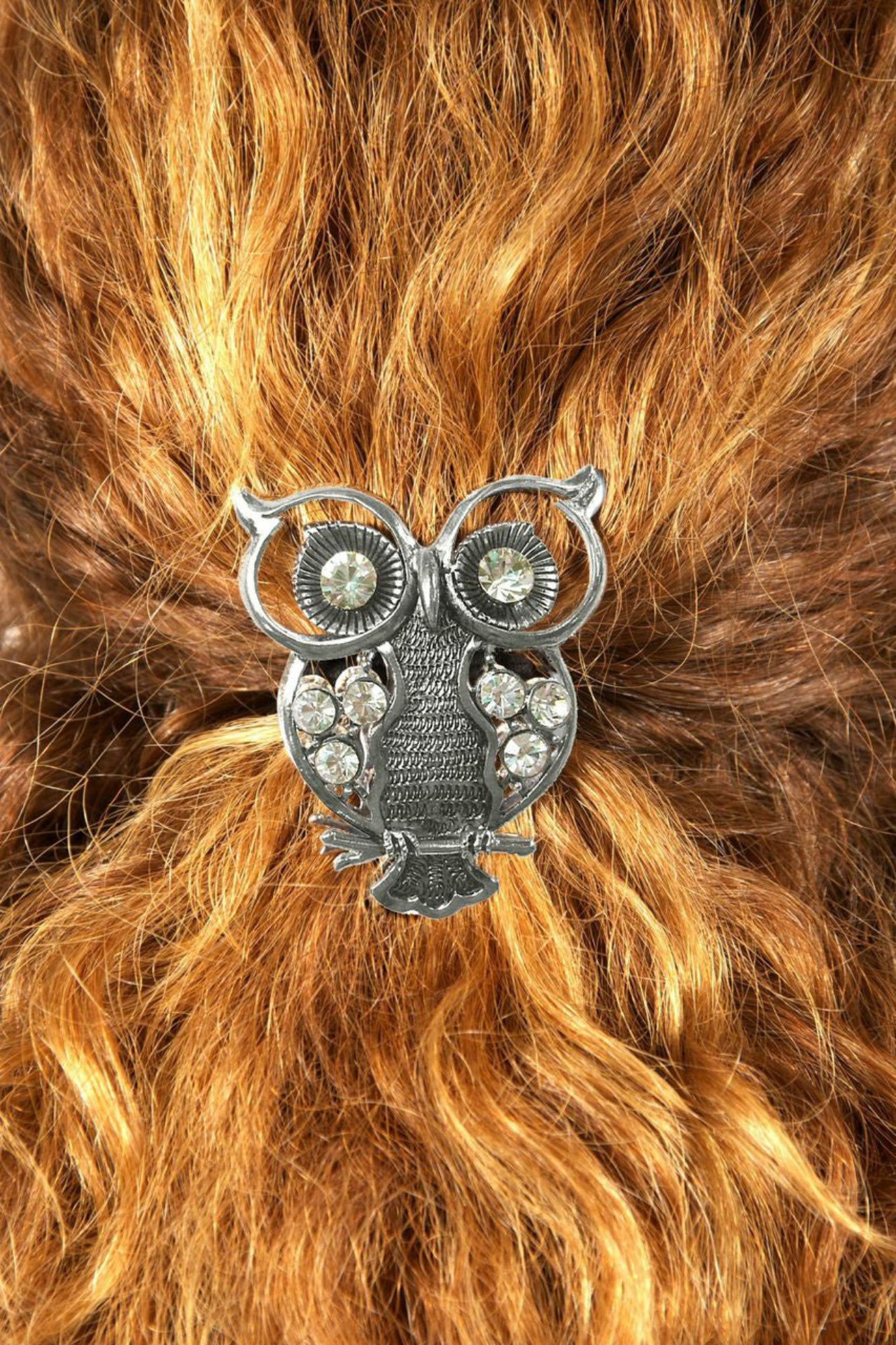 Silver owl ponytail hair hook with rhinestone accents securing ponytail, back view