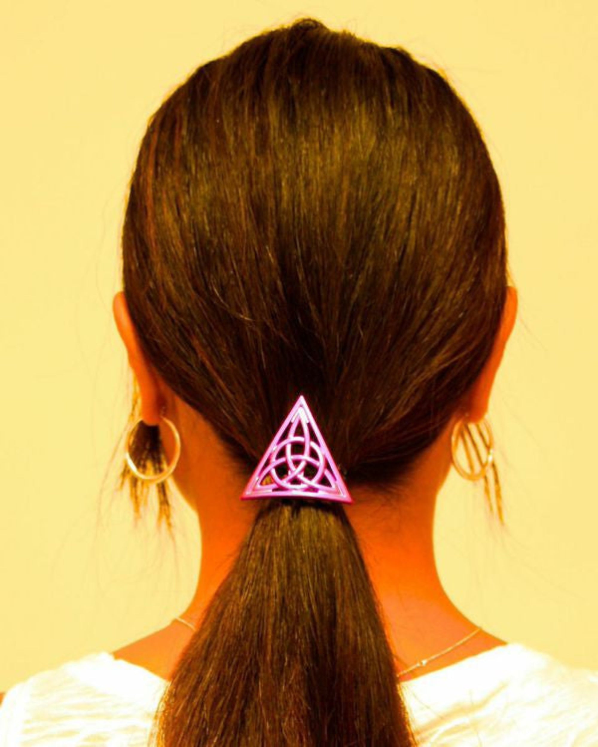 Model wearing Celtic Hair Hook - Purple Triangle Ponytail Holder for Women