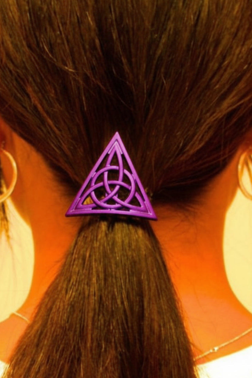 Model wearing Celtic Hair Hook - Purple Triangle Ponytail Holder for Women